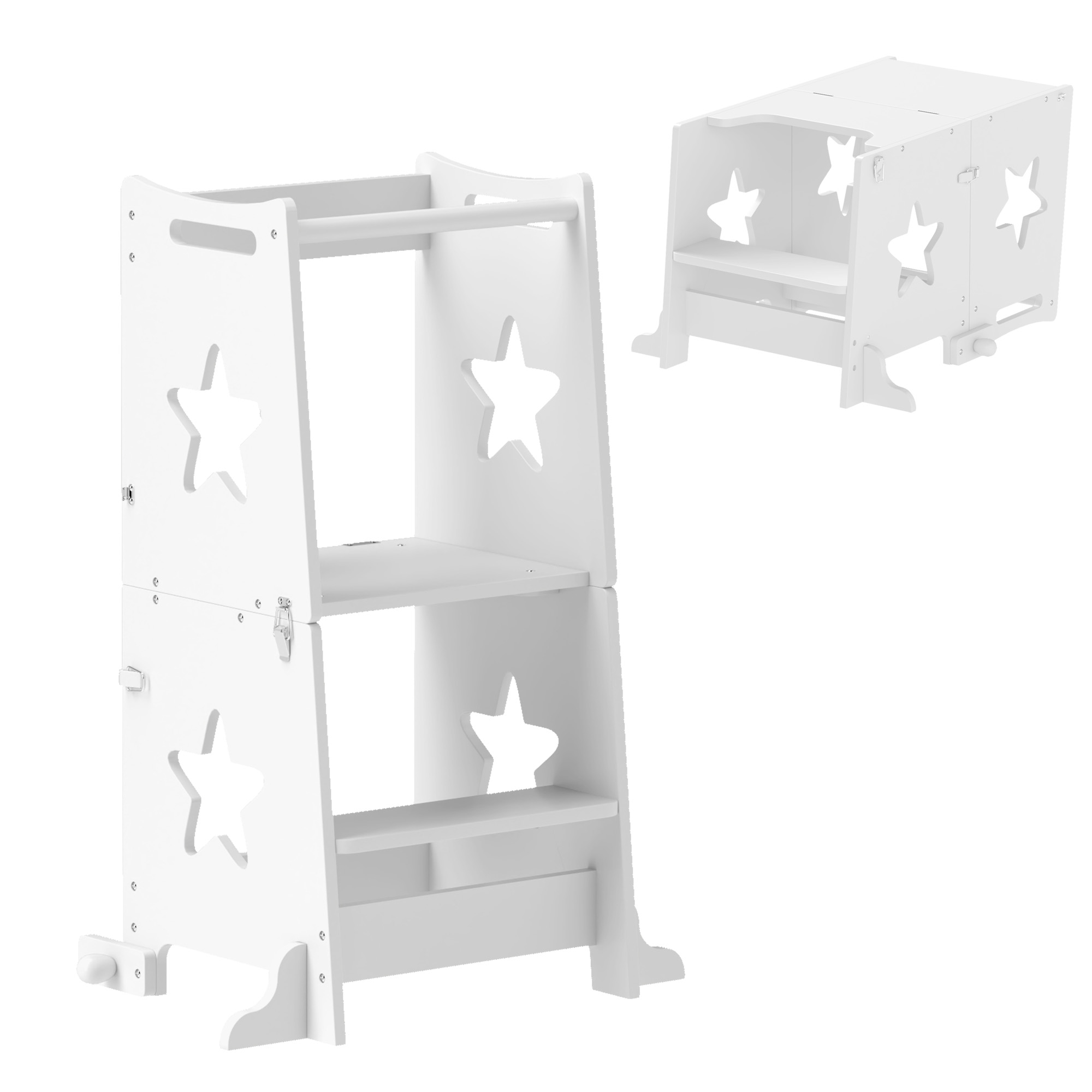 AIYAPLAY Torre de Aprendizaje 2 en 1 Convertible en Mesa y Silla con Barra de Seguridad 60x44,5x86 cm Blanco