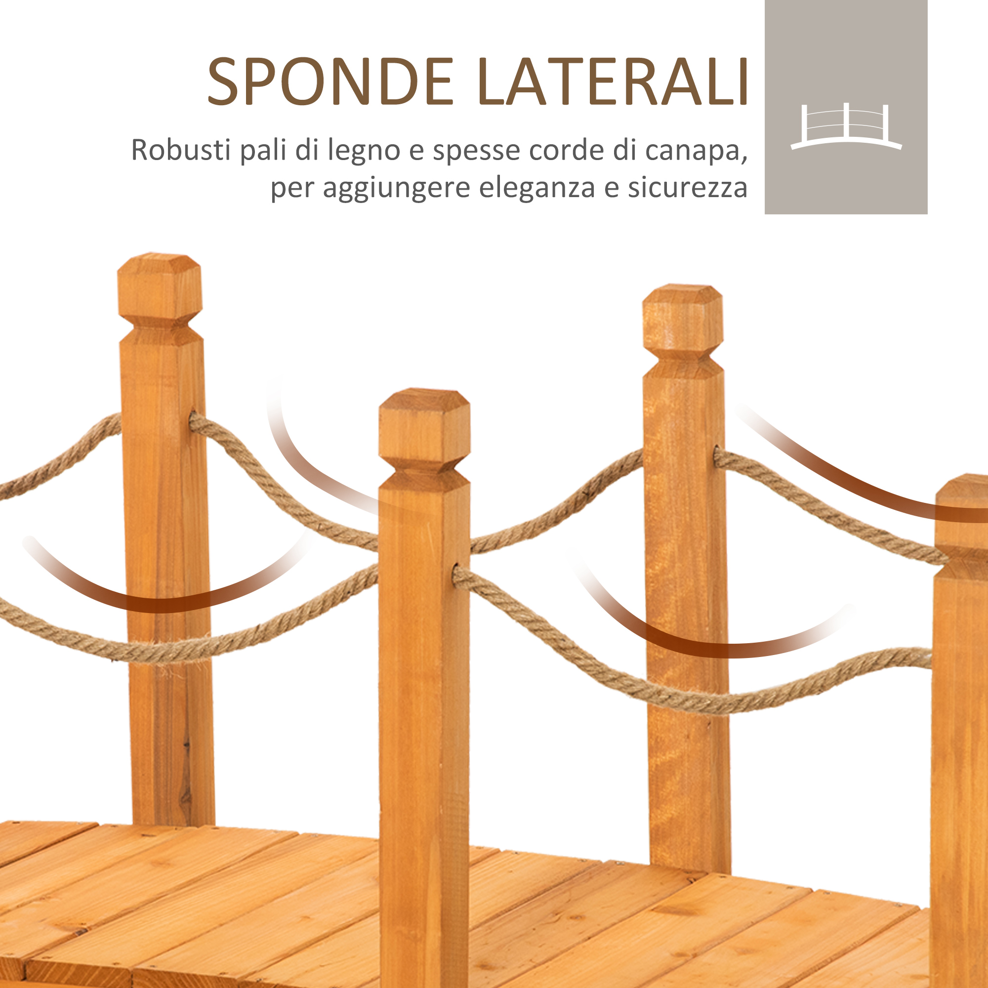 Ponte Da Giardino In Legno D'Abete - 150x58x58.5cm - Con Sponde In Corda - Arancione - Decorativo