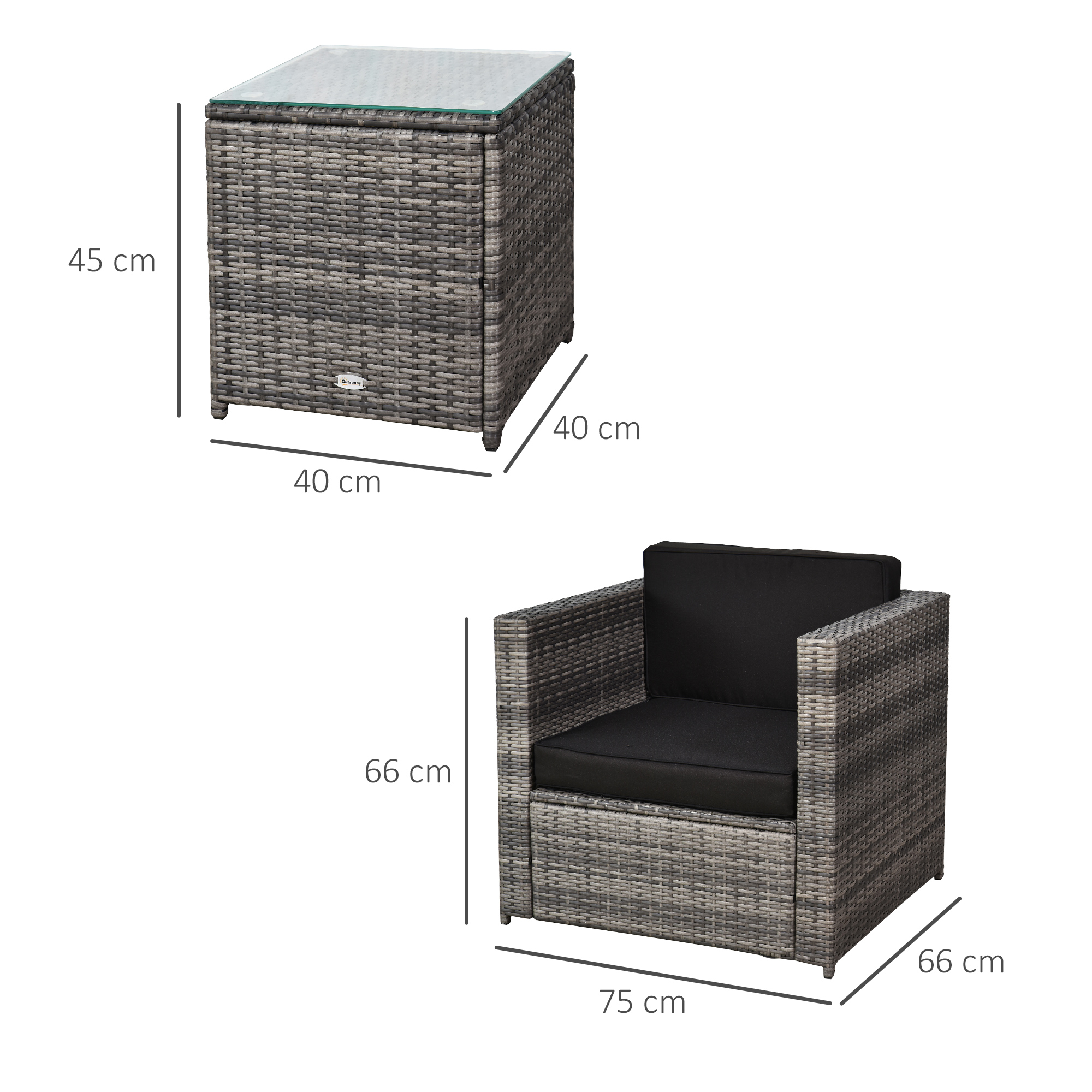 Outsunny 3 Pieces Rattan Bistro Set, Wicker Garden Furniture Set with Glass Top Coffee Table and Chairs, Thickened Washable Cushions for Outdoor, Patio, Balcony, Grey 3