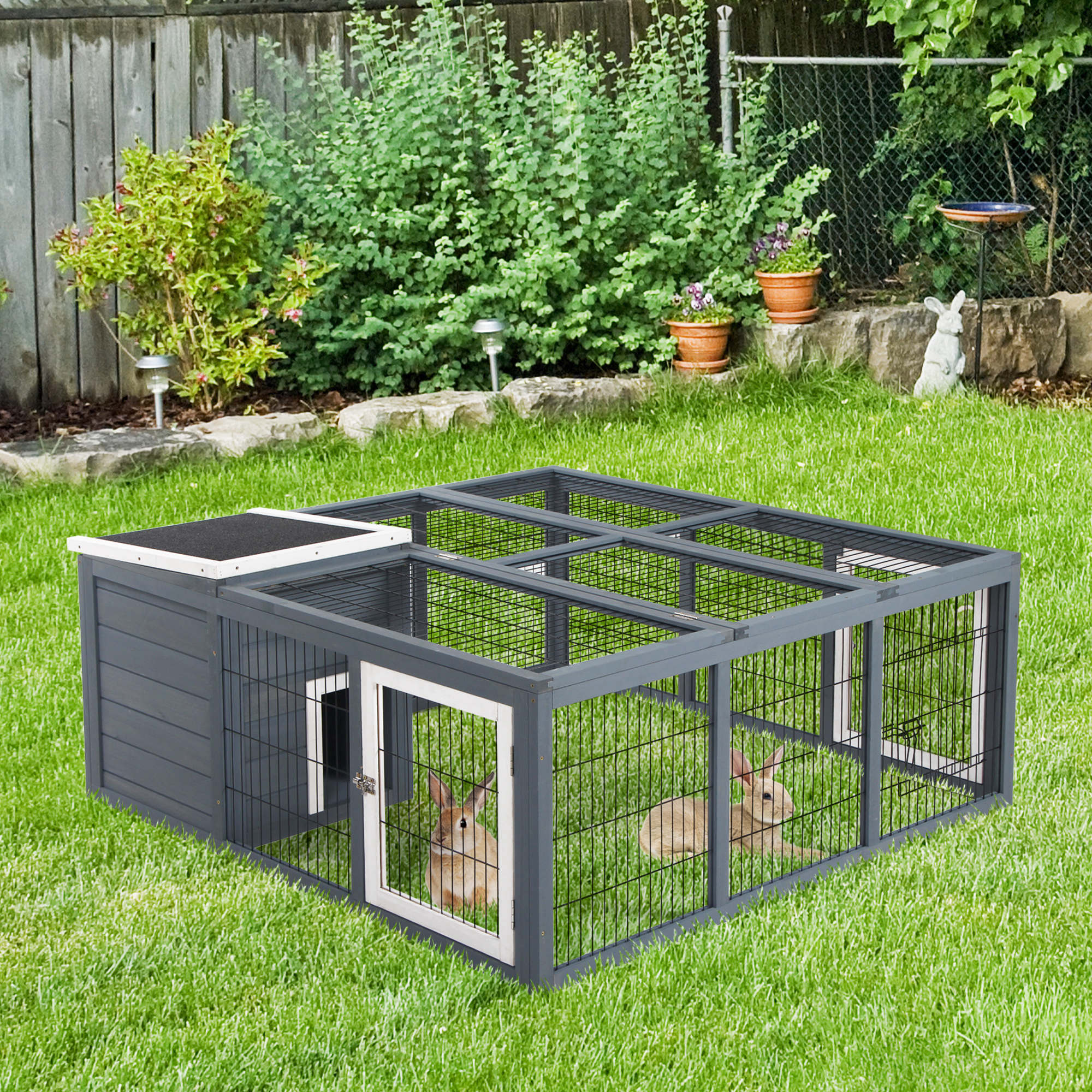 PawHut Rabbit Hutch Outdoor, Guinea Pig House, Bunny Run Cage with Openable Top for 1-2 Rabbits, 123 x 120 x 52cm, Grey 2