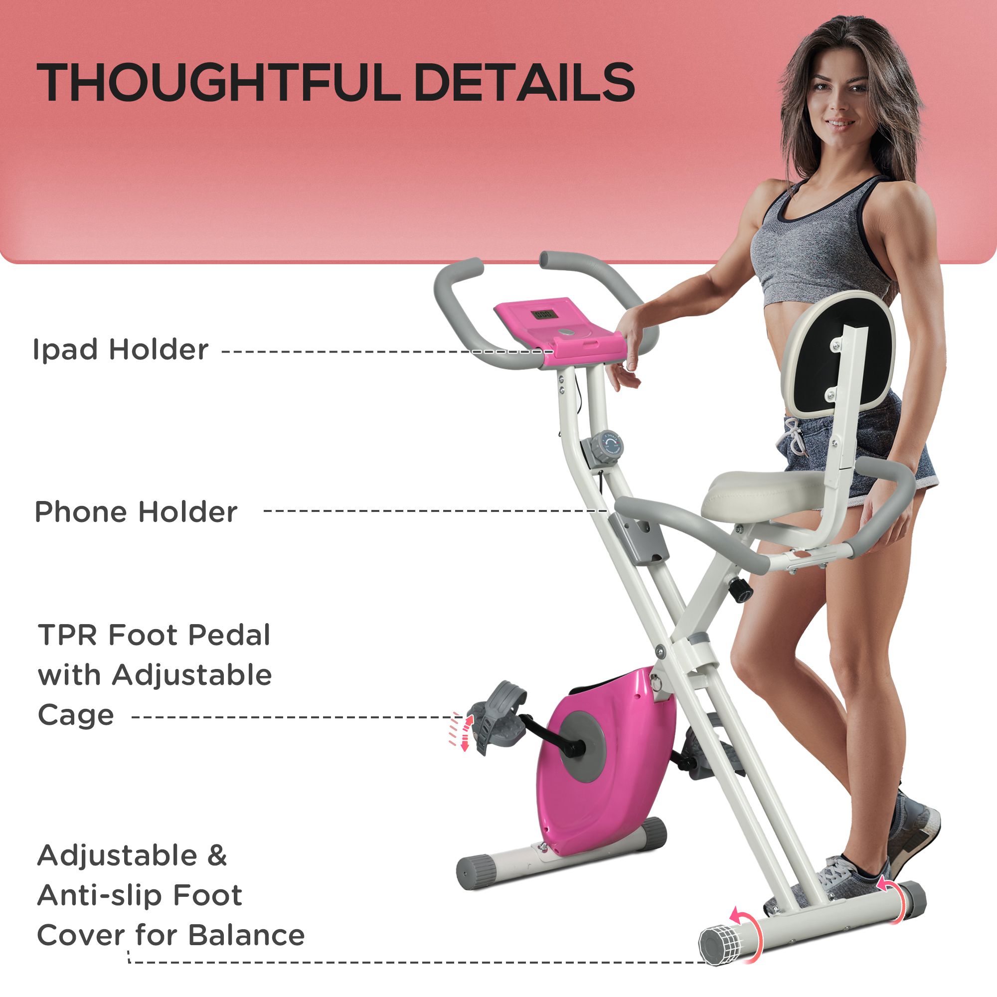 HOMCOM Folding Exercise Bike, with Adjustable Magnetic Resistance, Seat Height White and Pink 9