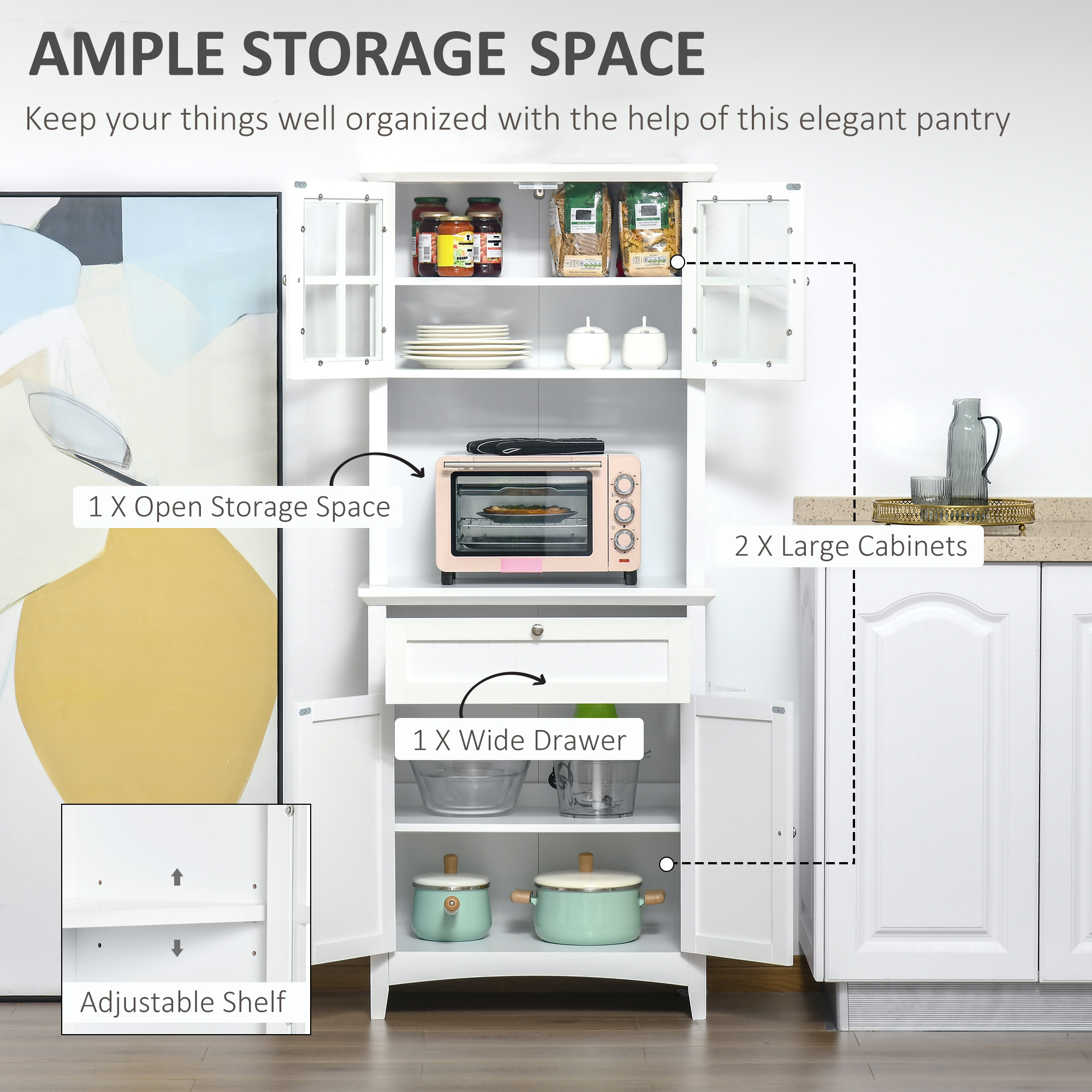 HOMCOM Kitchen Cupboard, Wooden Storage Cabinet with Framed Glass Door, Drawer, Microwave Space for Dining and Living Room, White 4