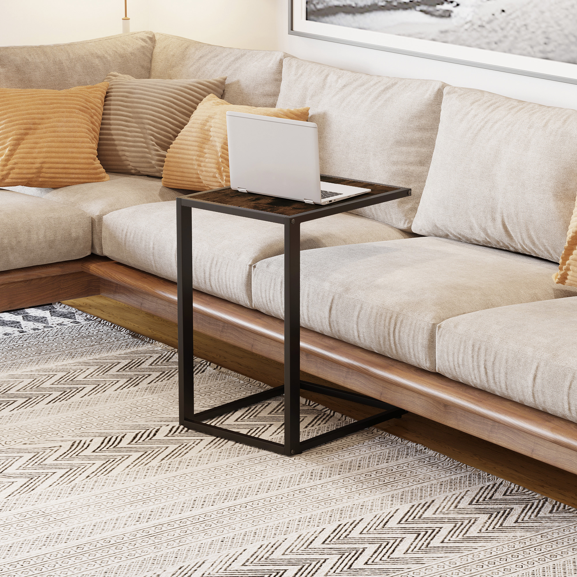 HOMCOM C-Shaped Side Table, Bedside Table with Metal Frame, Accent Sofa Couch Table for Living room, Bedroom, Brown and Black 2