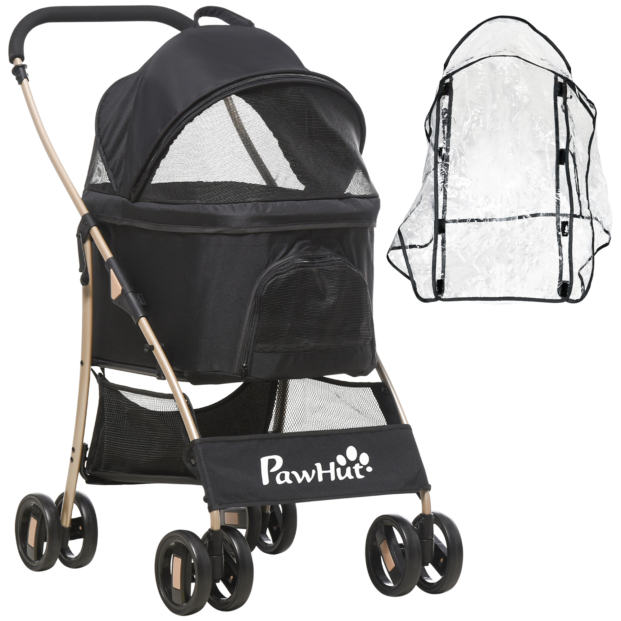 PawHut Detachable Pet Stroller with Rain Cover, 3 In 1 Cat Dog Pushchair, Foldable Carrying Bag w/ Universal Wheels, Brake, Canopy, Basket, Storage Bag for Small and Tiny Dogs - Yellow