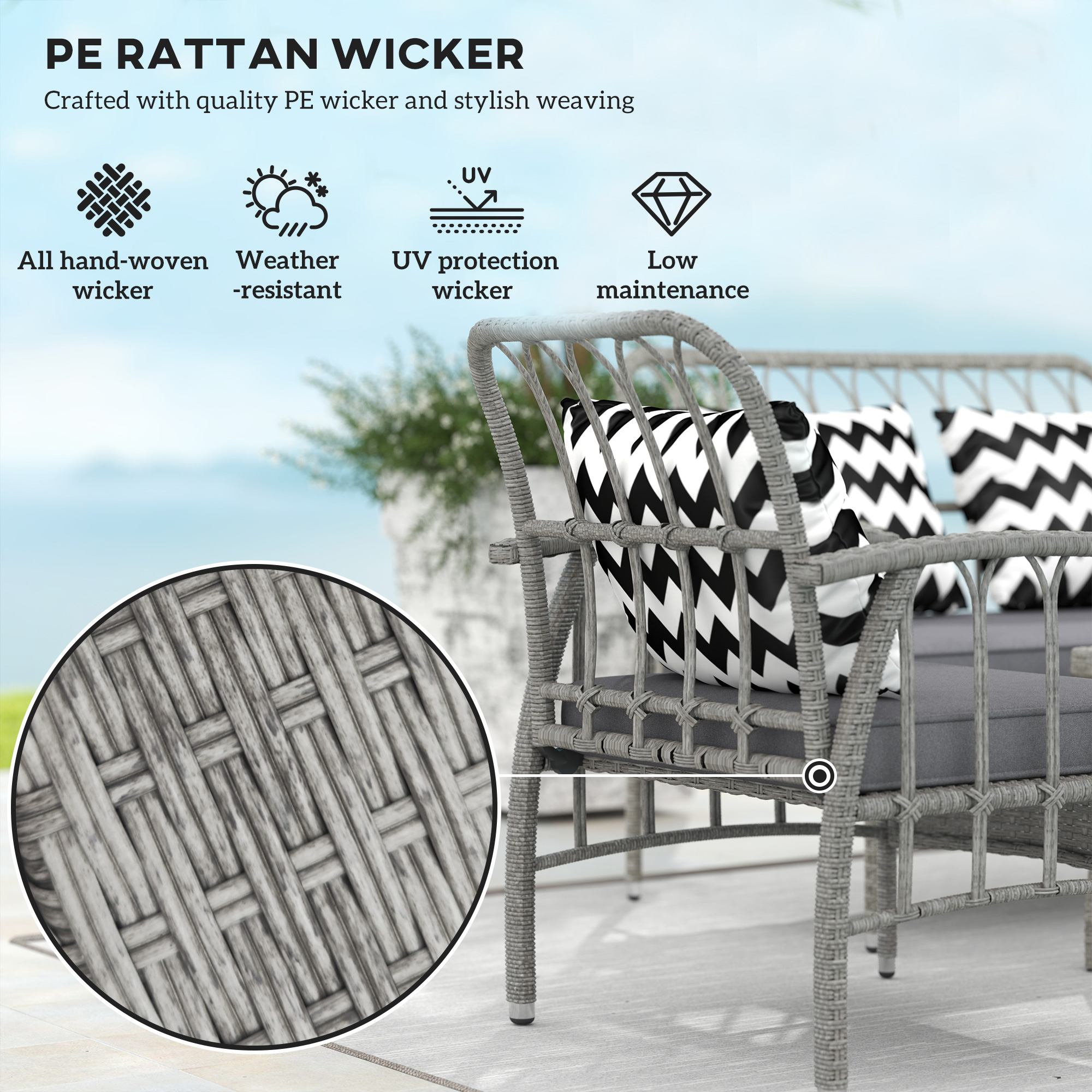 Outsunny Four-Piece Rattan Cut-Out Sofa Set Grey 6