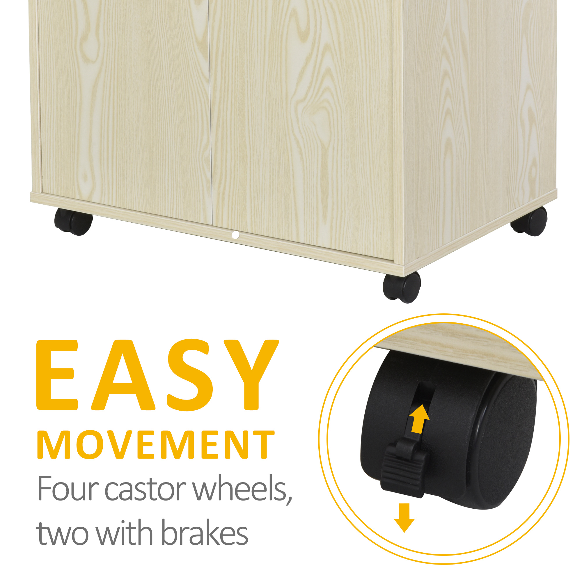 HOMCOM Kitchen Storage Unit, Modern Microwave Stand Trolley Cart, Sideboard with Cabinet,  Locking Wheels, Shelf for Living Room, Dining Room, Oak Tone 6