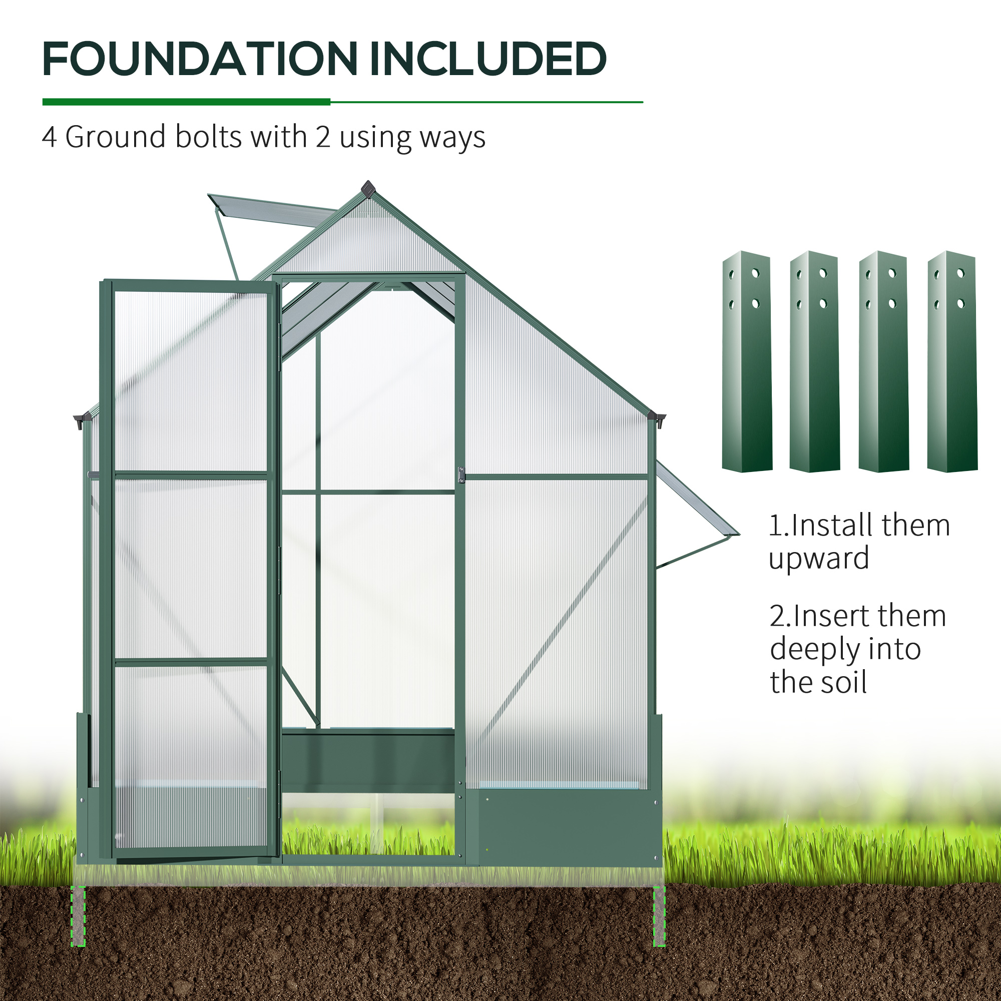 Outsunny 6x6 FT Polycarbonate Greenhouse with Base and Raised Bed, Walk-in Greenhouse with Aluminium Frame, Temperature Controlled Window, Foundation for Plants, Flowers, Vegetable 7