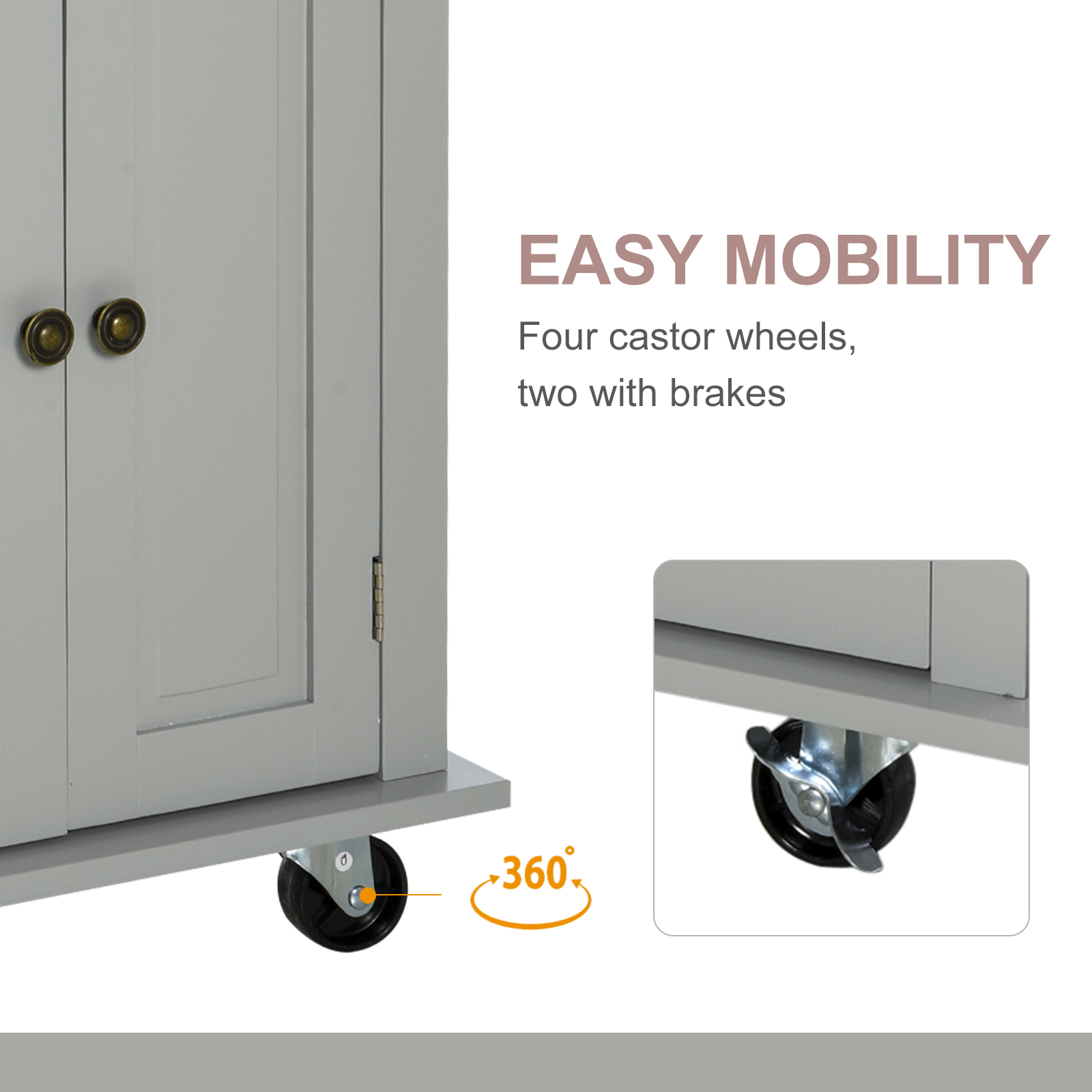 HOMCOM Rolling Kitchen Island Storage Trolley with Rubber Wood Top & Drawers for Dining Room, Grey 6