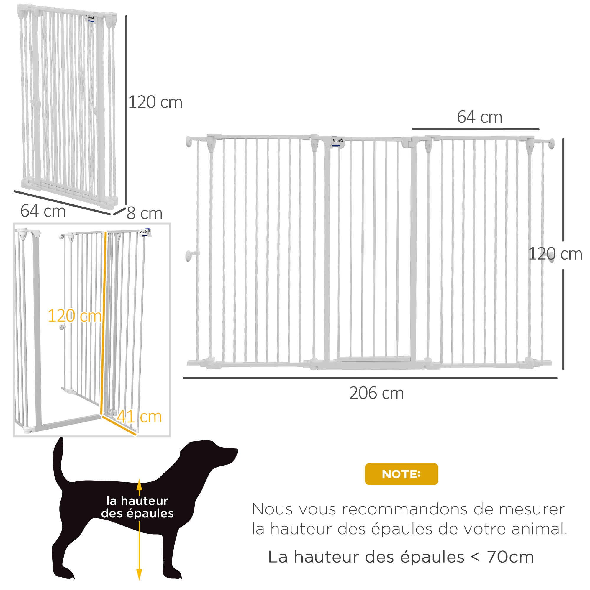 PawHut Barriera Di Sicurezza Parco Recinto Per Cani, Modulabile E Pieghevole, Con Porta Integrata, Dimensioni Max 300L X 74.5H Cm, Metallo E PP Bianco - Per Cani Piccoli E Medi