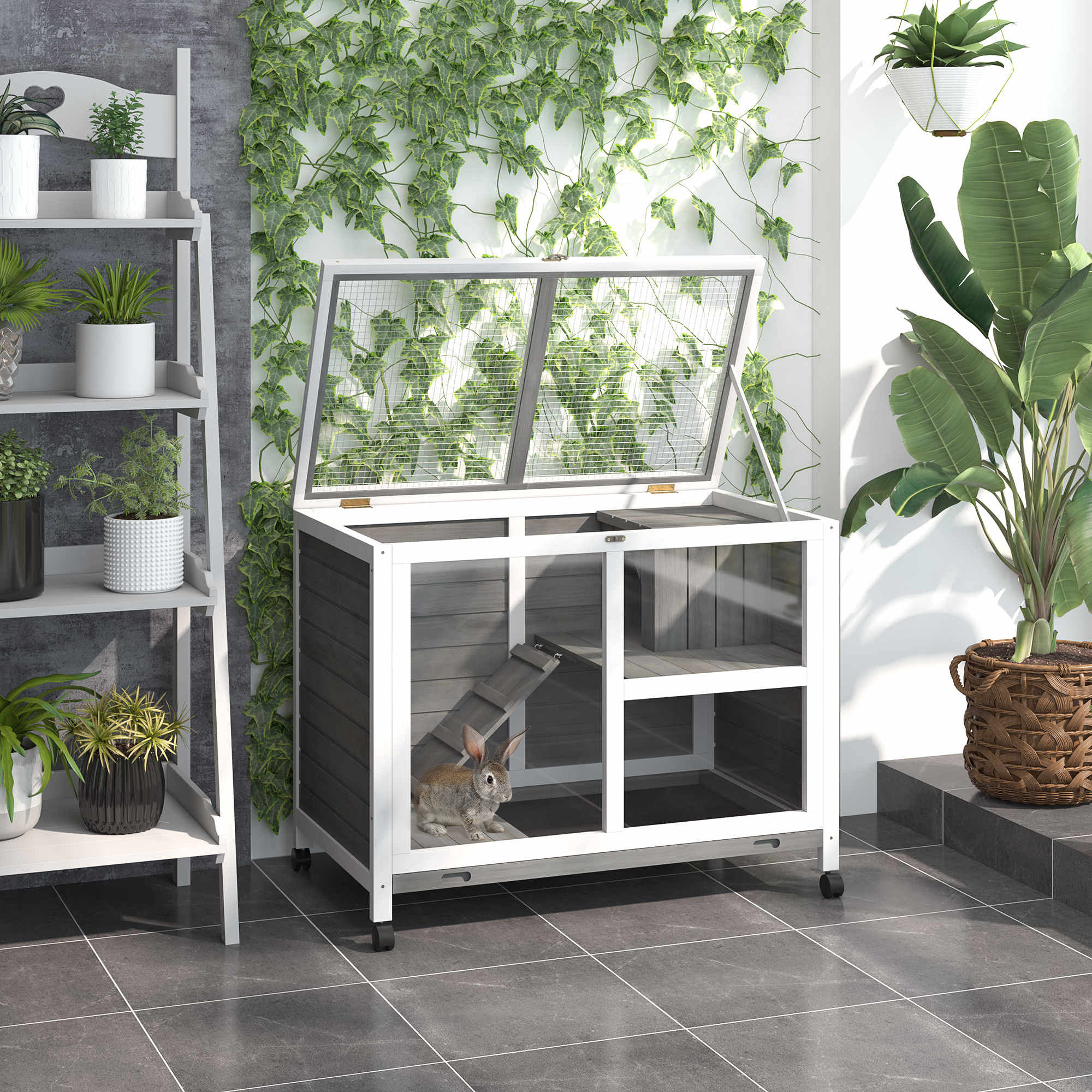 PawHut Wooden Rabbit Hutch Indoor with Wheels, Openable Roof, 91.5 x 53.3 x 73 cm, Grey 2