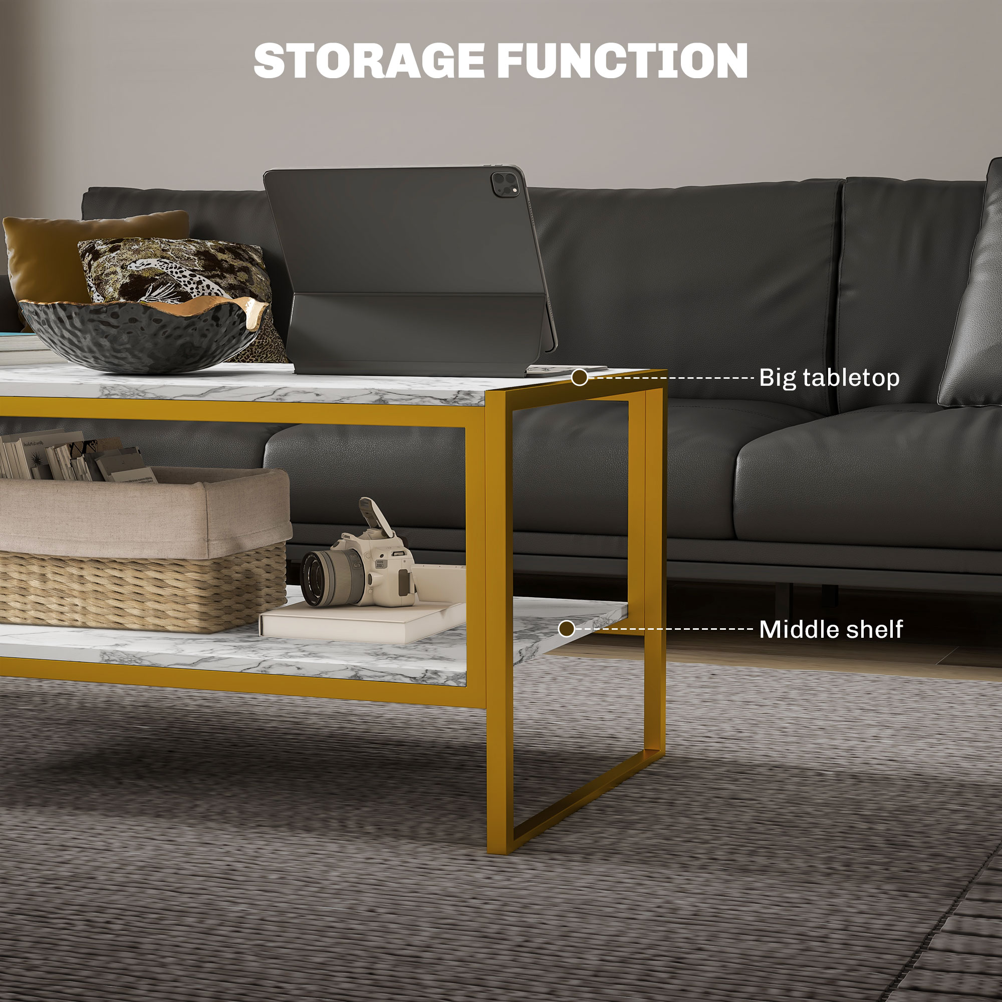 HOMCOM Coffee Table, Two-Tier Faux Marble Effect Centre Table with Metal Frame and Storage Shelf for Living Room, 106 x 50 x 45cm, White 4