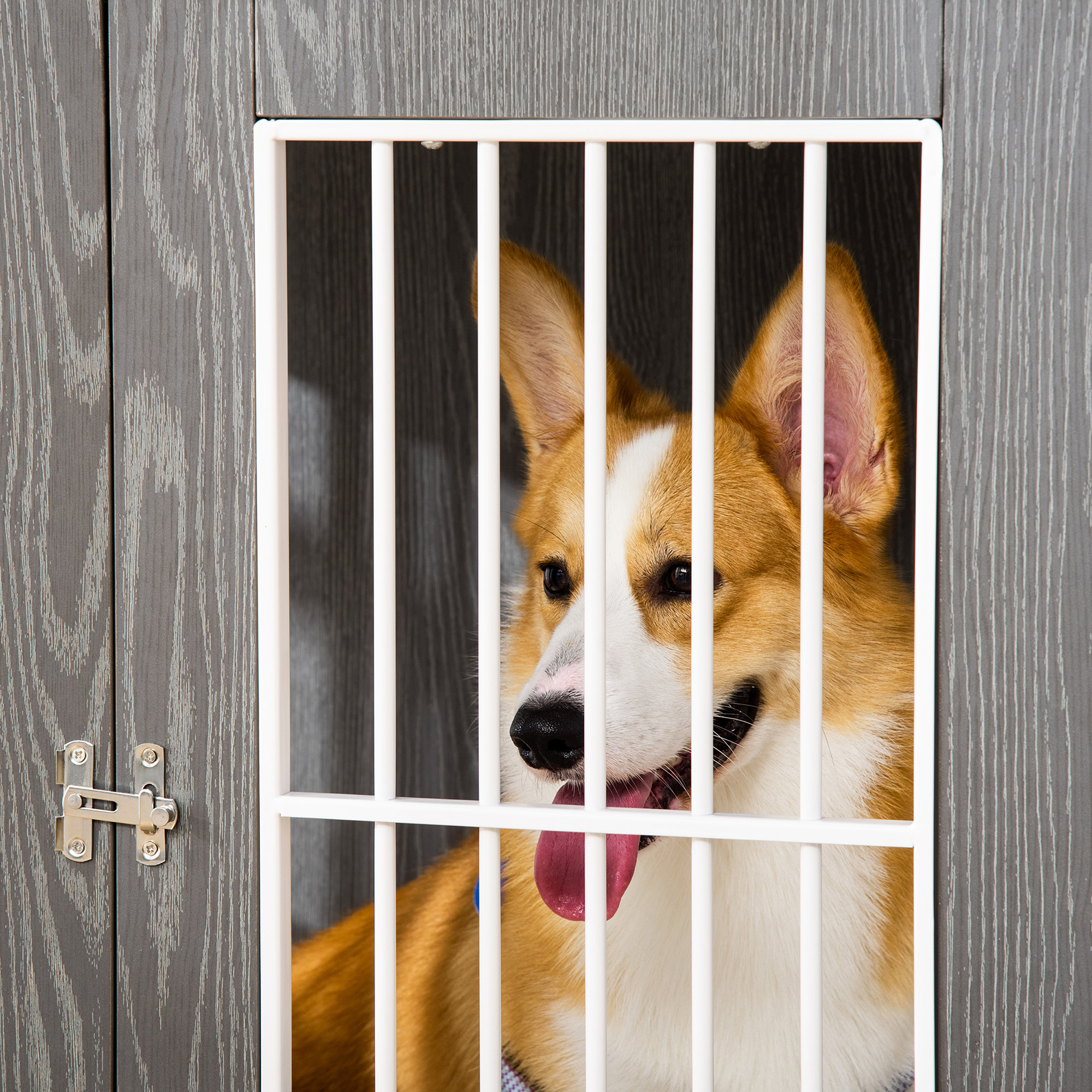 PawHut Dog Crate Wooden Pet Kennel Cage End Table w/ Lockable Door for Small Medium Dog Grey & White 85 x 55 x 75 cm 9