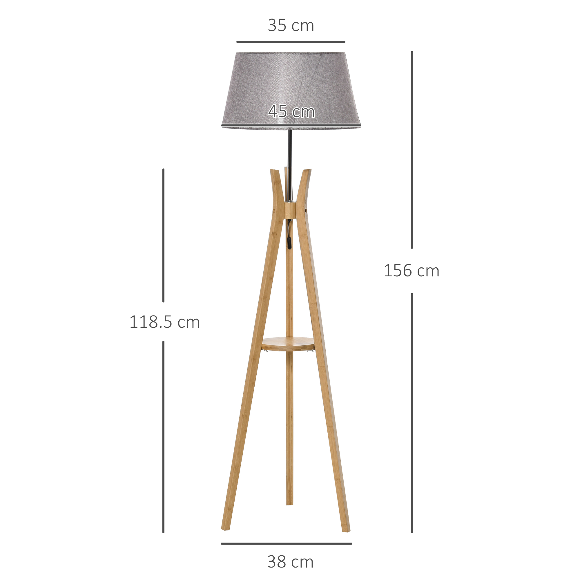 HOMCOM Natural Wood Tripod Floor Lamp Light E27 Base Bedroom Living Room Fabric Shade Storage Shelf Foot Switch, 156cm, Grey 3