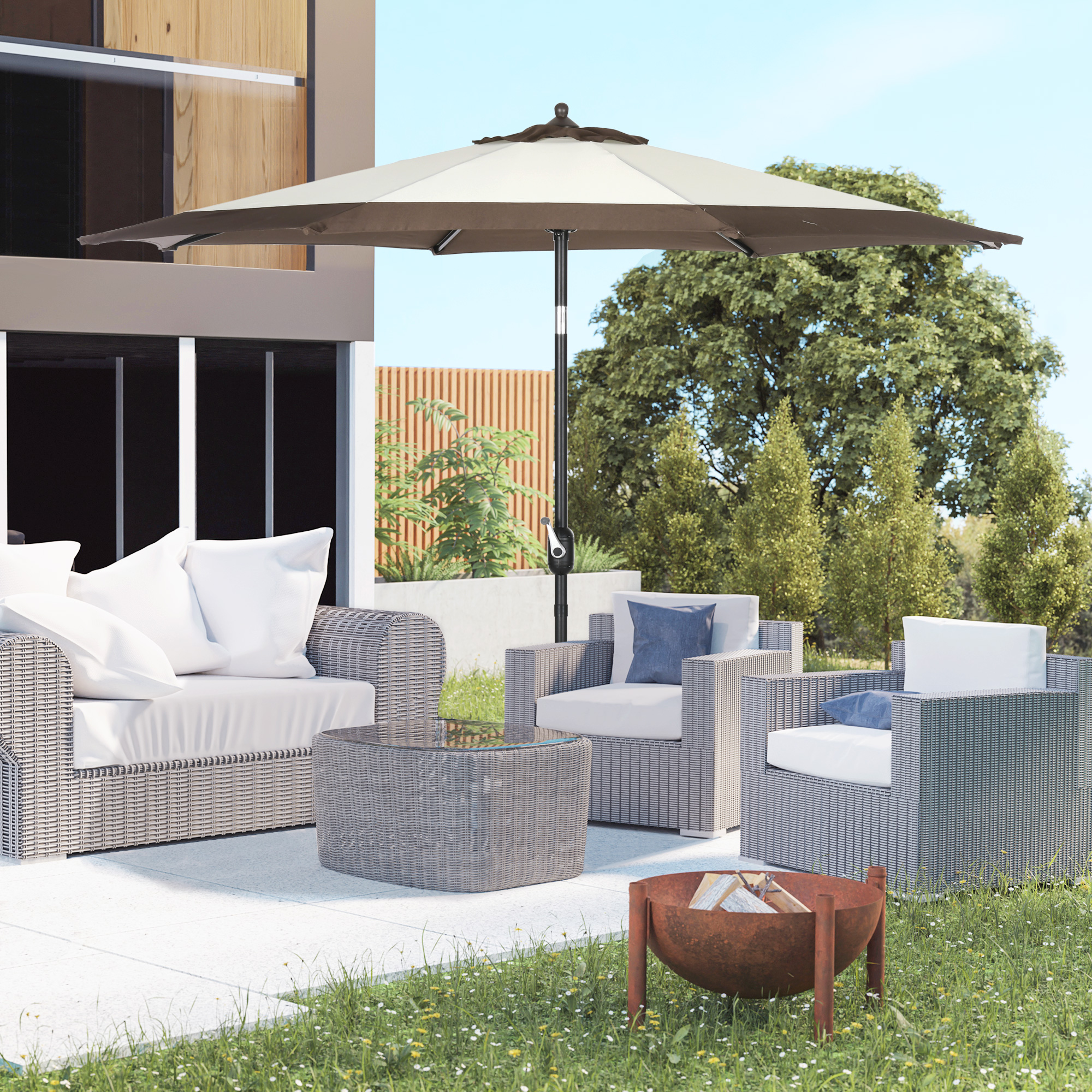 Outsunny 2.7m Garden Parasol Umbrella with 8 Metal Ribs, Tilt and Crank, Outdoor Sunshades for Garden, Patio, Beach, Yard, Coffee 2