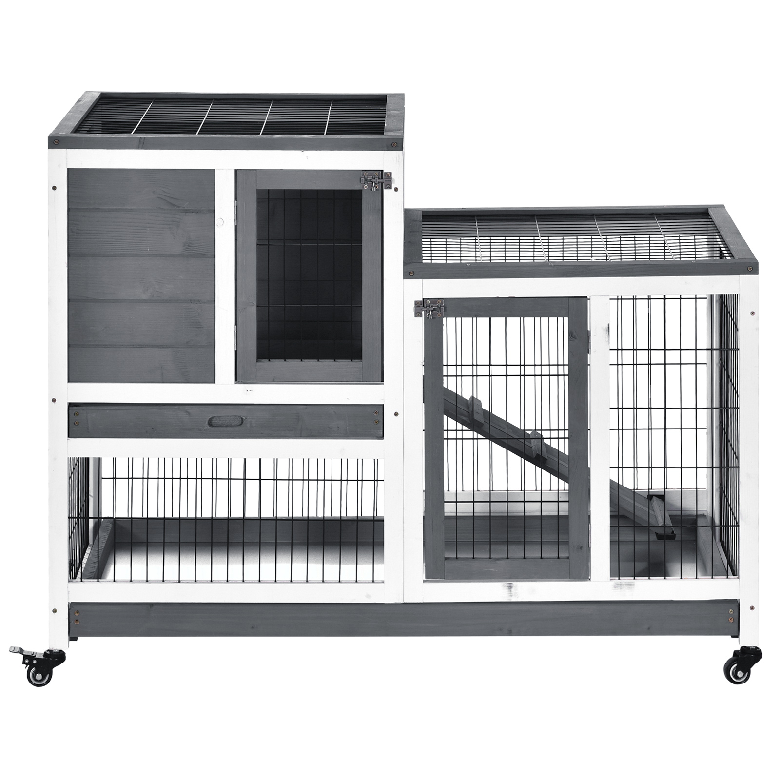 PawHut Wooden Indoor Rabbit Hutch Guinea Pig House Bunny Small Animal Cage W/ Wheels Enclosed Run 110 x 50 x 88 cm, Grey 8
