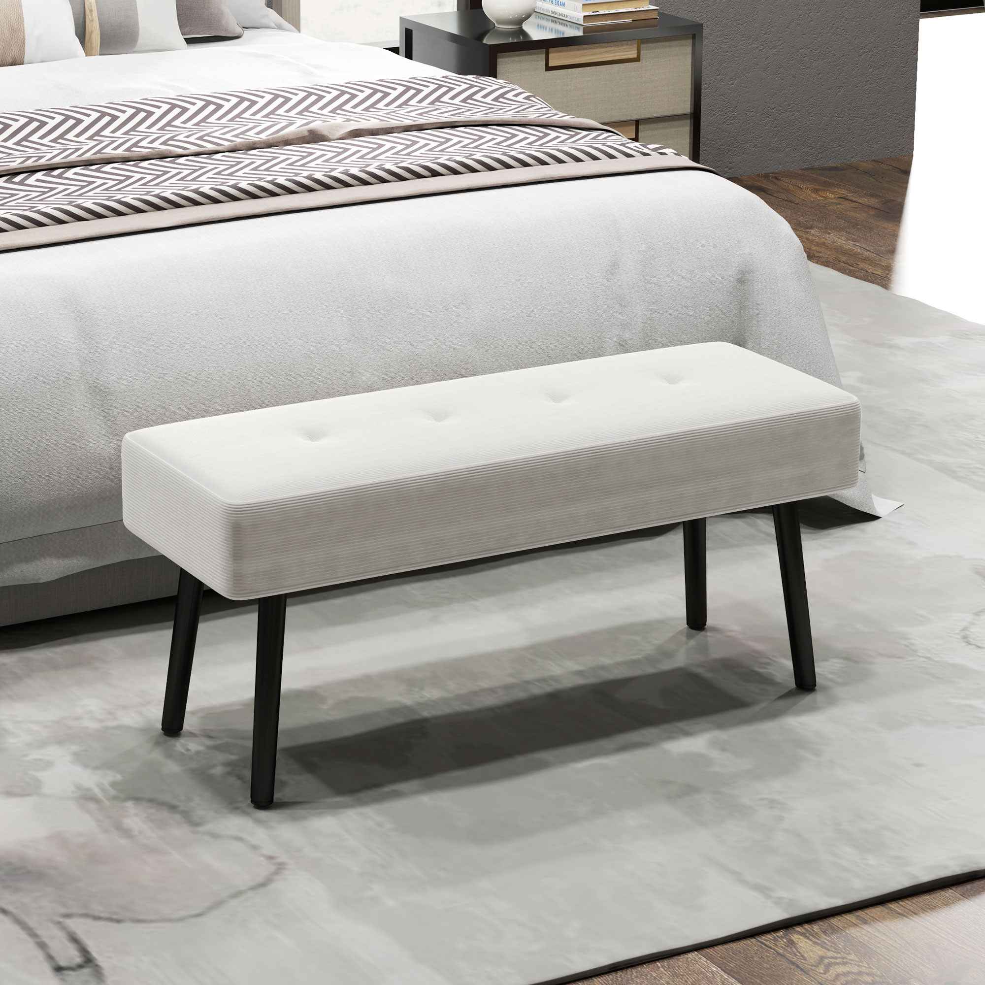 HOMCOM End of Bed Bench, Corduroy Bedroom Bench with Thick Padding and Steel Legs, Tufted Window Seat for Entryway, Living Room, Cream White 2