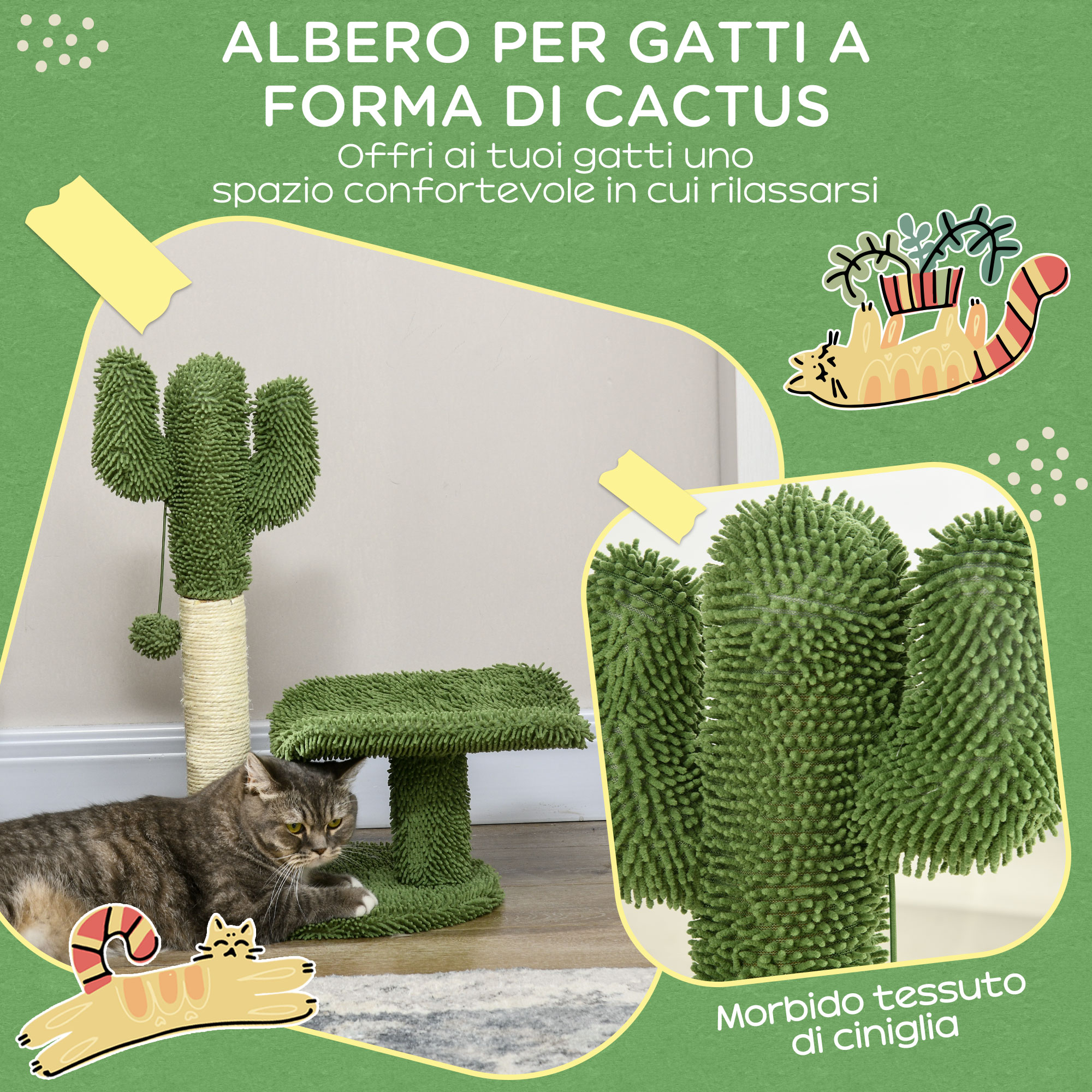 Albero Per Gatti A Forma Di Cactus PawHut Con Tiragraffi E Piattaforma - Giocattolo Con Pallina Per Giochi - Foto 7