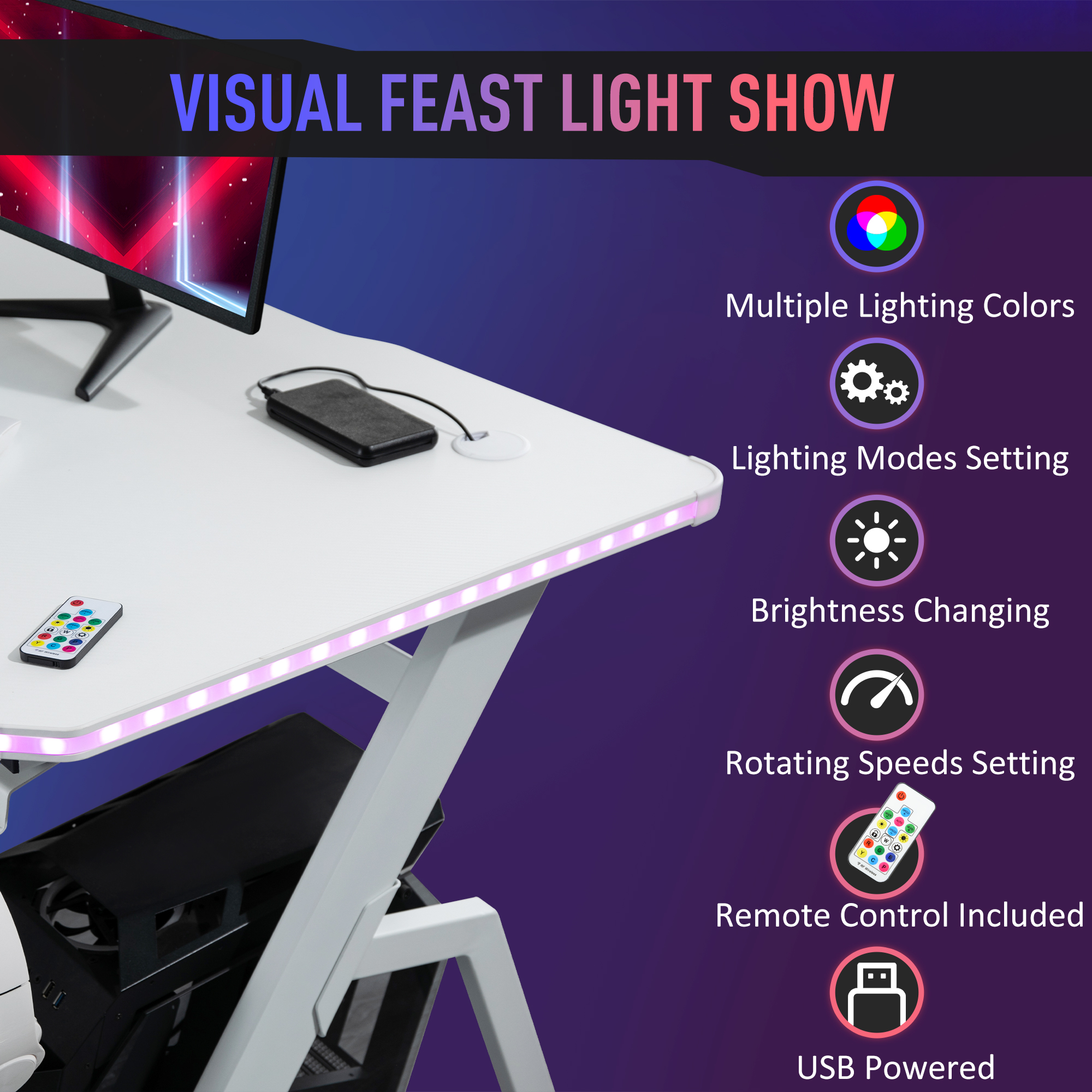 HOMCOM RGB 120 x 66cm Gaming Desk, Computer Table with Carbon Fibre Surface, Headphone Hook, Cup Holder, Controller Rack, Home Office Desk, White 4