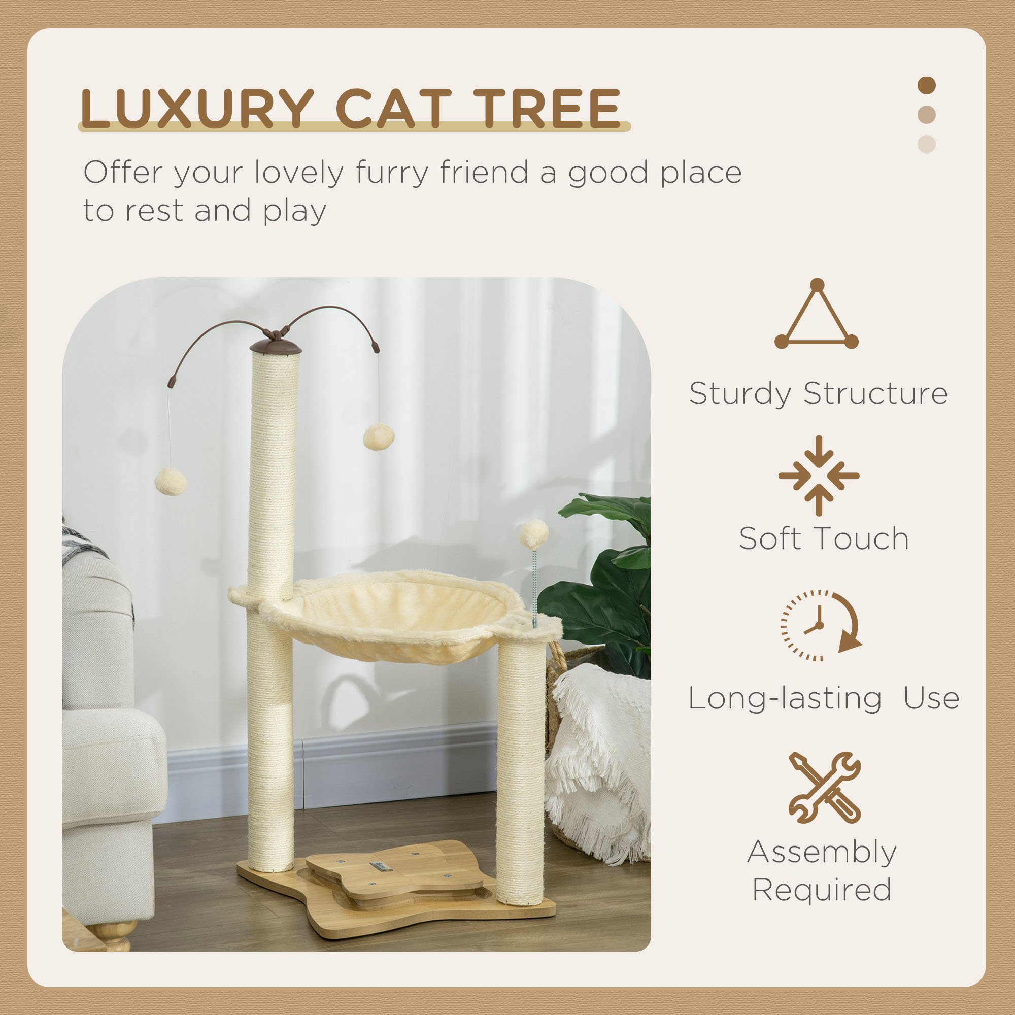 PawHut Cat Tree, with Scratching Posts, Hammock, Toy Ball Beige 4