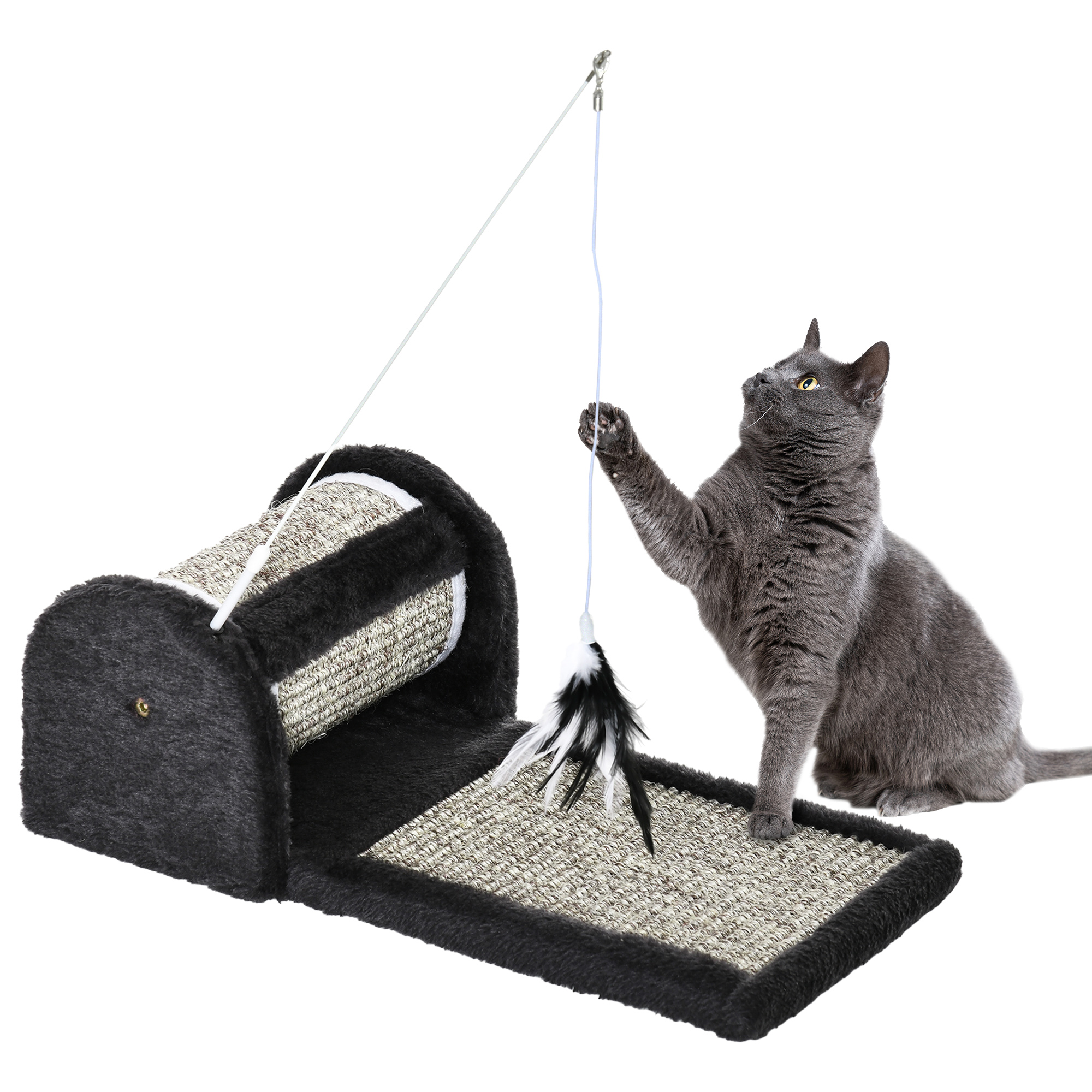 PawHut Sisal Scratching Mat: Kitten Playtime Companion with Roller & Feather Toy, Cosy Grey Lounger, 44 x 24 x 16 cm Aosom UK