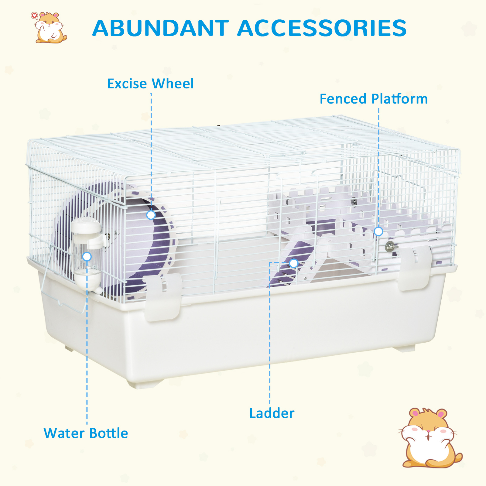 PawHut 2 Tier Hamster Cage, Gerbil Cage with Exercise Wheel, Water Bottle, Ladder, White 5