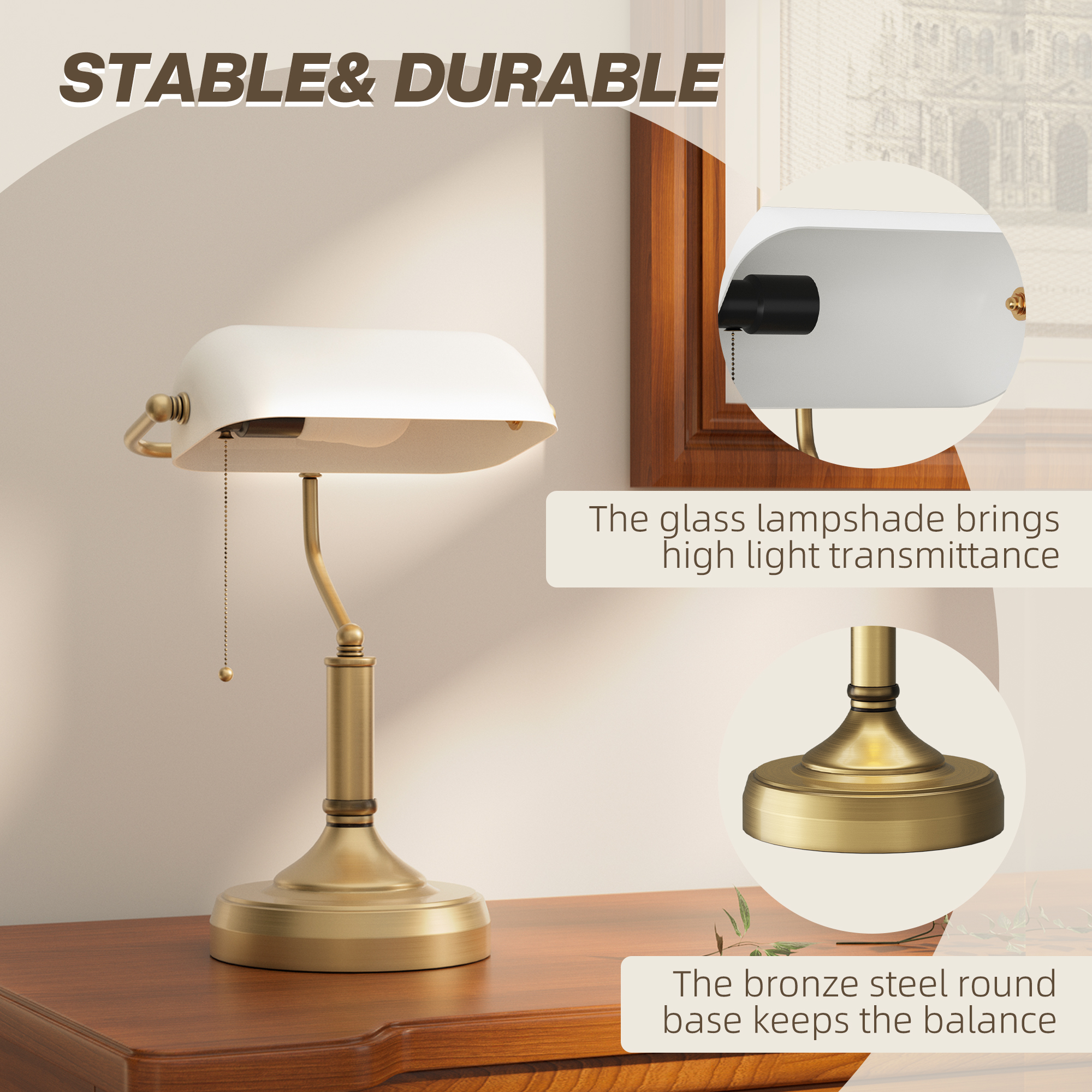 HOMCOM Banker's Desk Lamp with Antique Bronze Tone Base, Table Lamp with White Glass Shade for Home Office, White 5