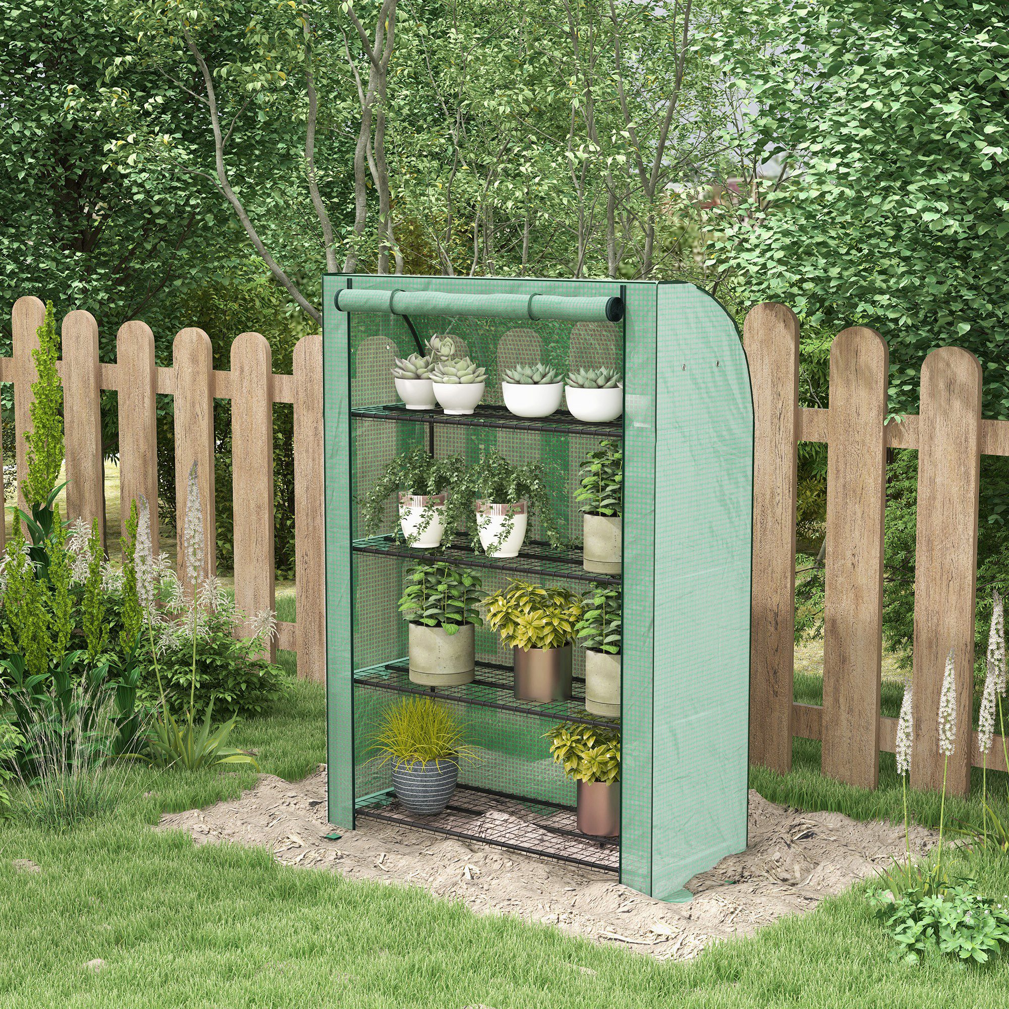 Outsunny 4 Tier Mini Greenhouse with Reinforced PE Cover, Portable Indoor Outdoor Green House with Roll-up Door and Wire Shelves, 170H x 120W x 50Dcm, Green 2