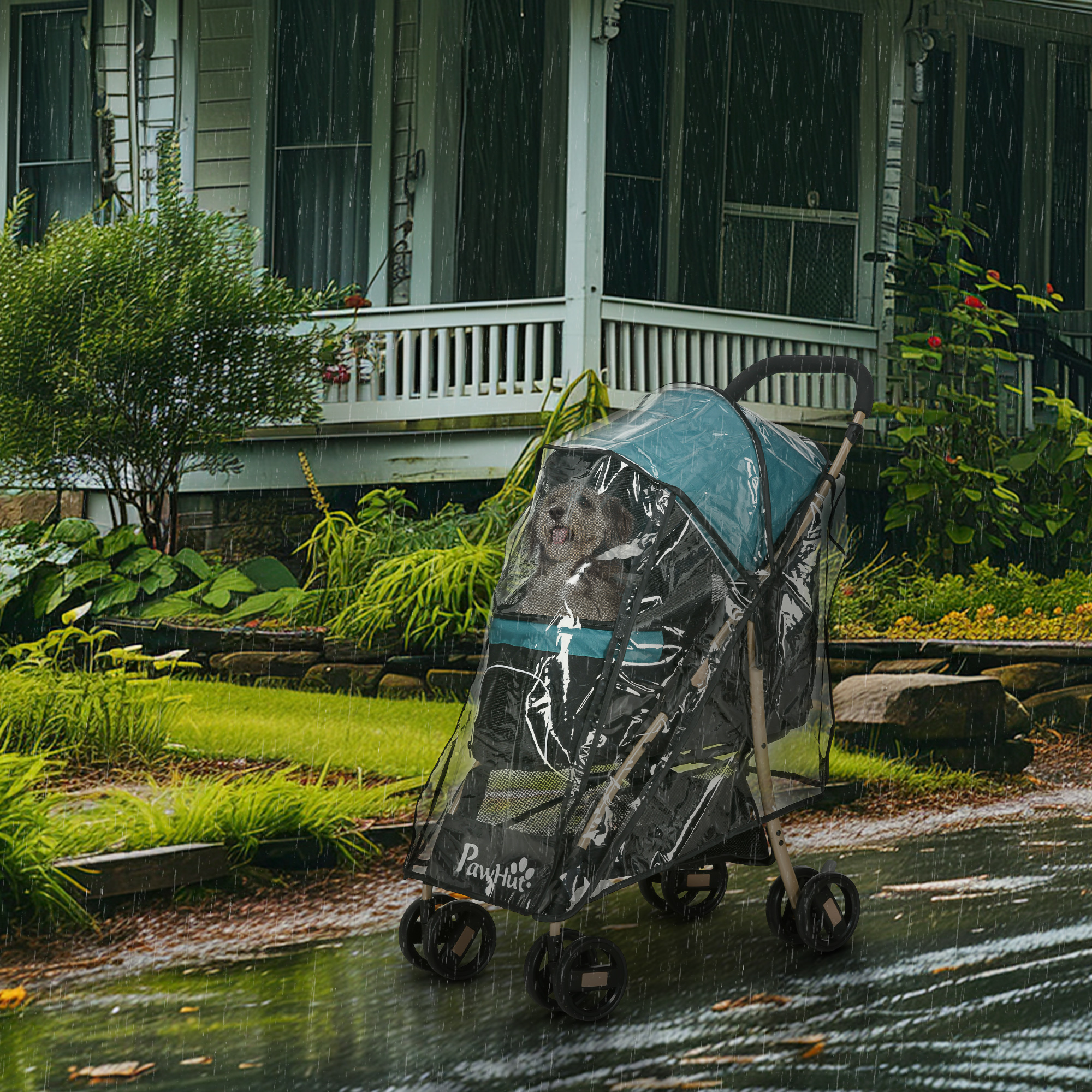 PawHut Pet Stroller for Small and Miniature Dogs, with Rain Cover Dark Green 2