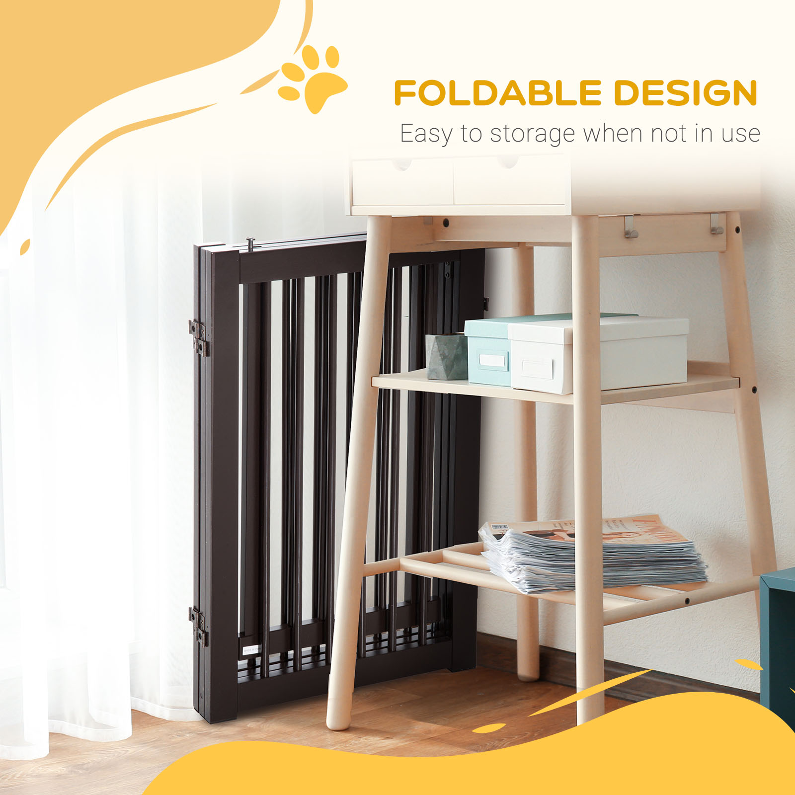 PawHut Freestanding Dog Gate, Foldable Pet Fence, Indoor Barrier, Stair Gate with Support Feet, 155 x 76 cm, Brown 7