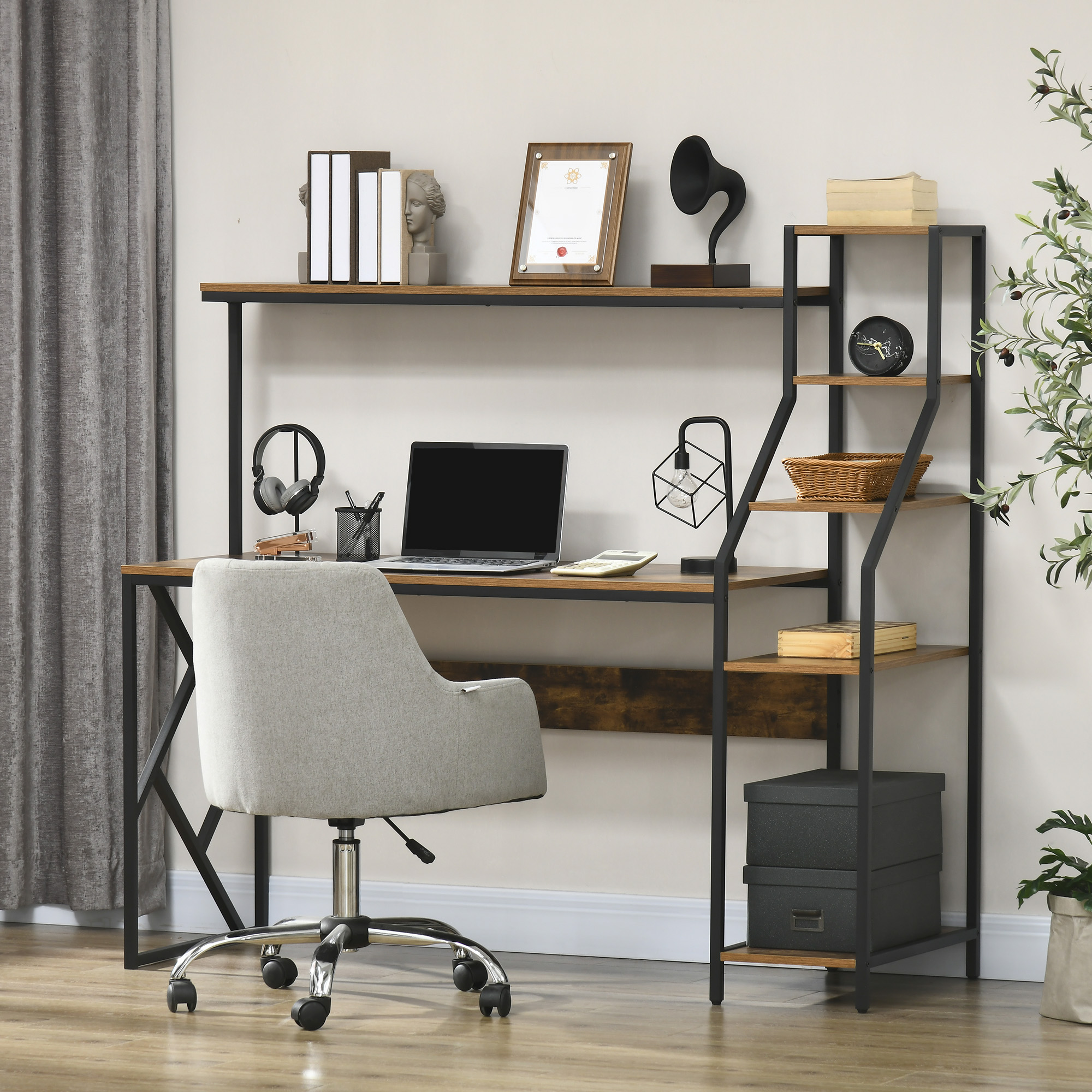 HOMCOM Computer Desk with Bookshelf, Industrial Writing Table with 6 Tier Storage Shelves for Home Office, Bedroom, Study, 150 x 55 x 138cm, Rustic Brown 2
