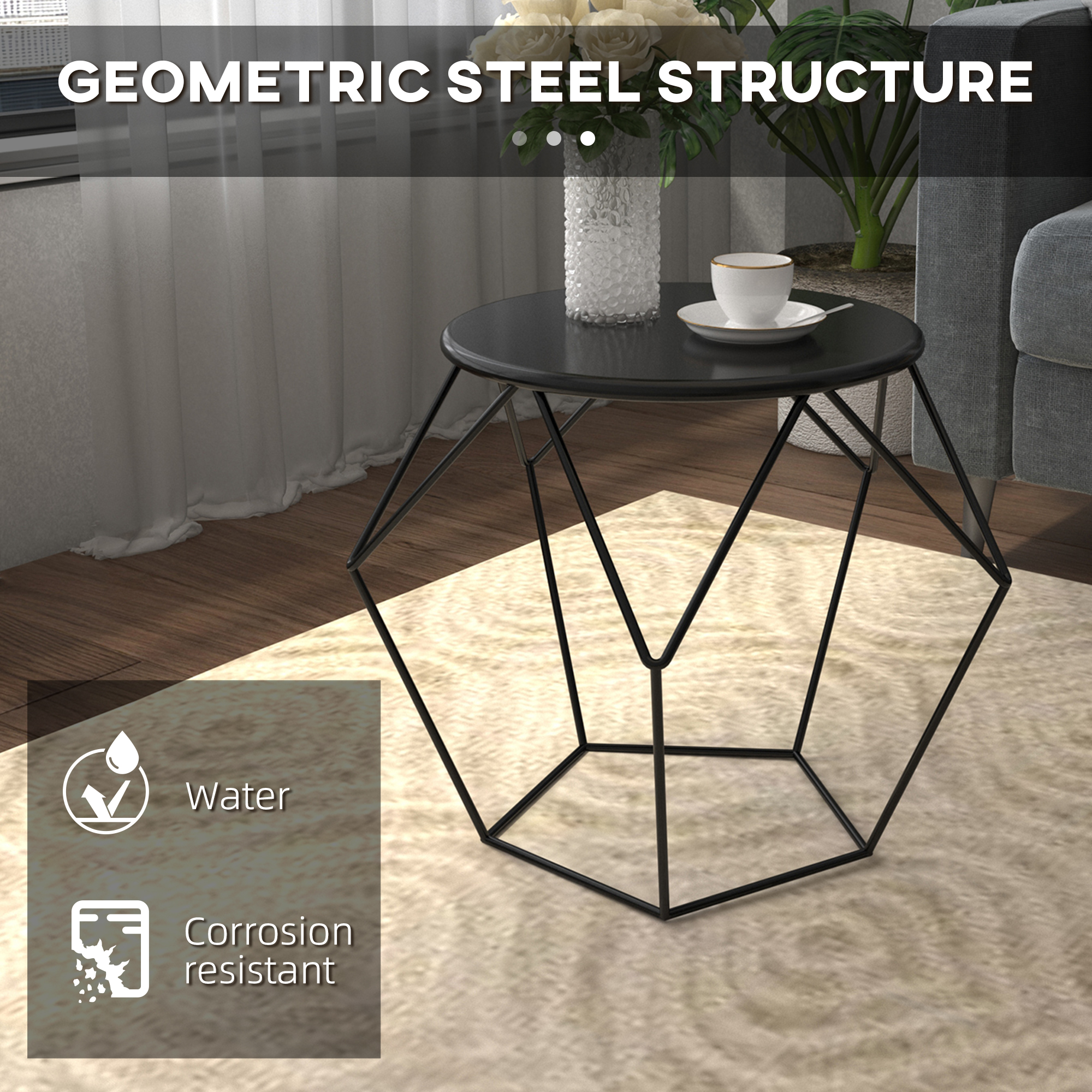 HOMCOM Round Side Table, Minimalist End Table with Steel Frame, Small Coffee Table for Living Room, Bedroom, Black 4