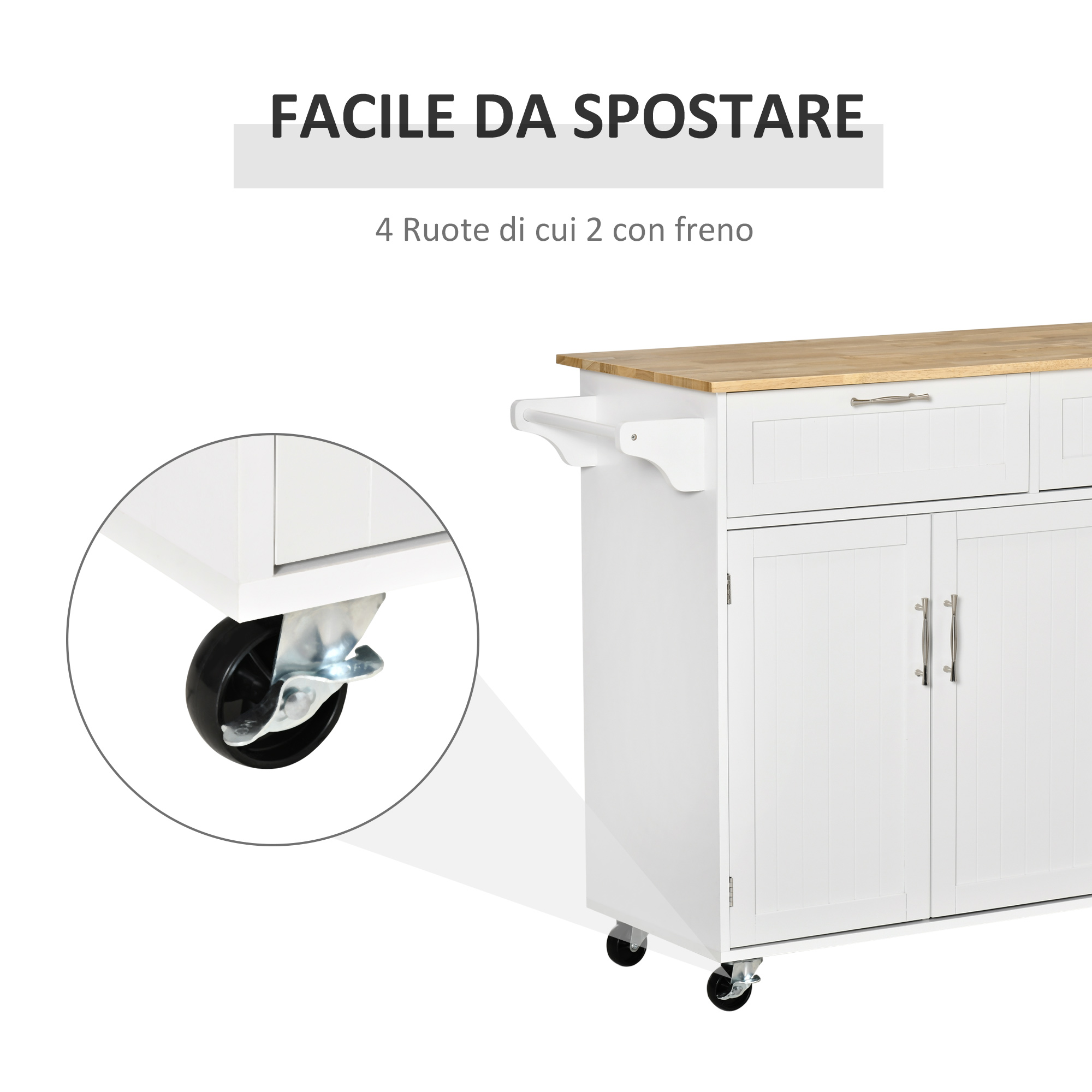 Carrello Cucina Multiuso HOMCOM Con Cassetti E Ruote - Legno E MDF 121x46x91 Cm - Bianco - Foto 5