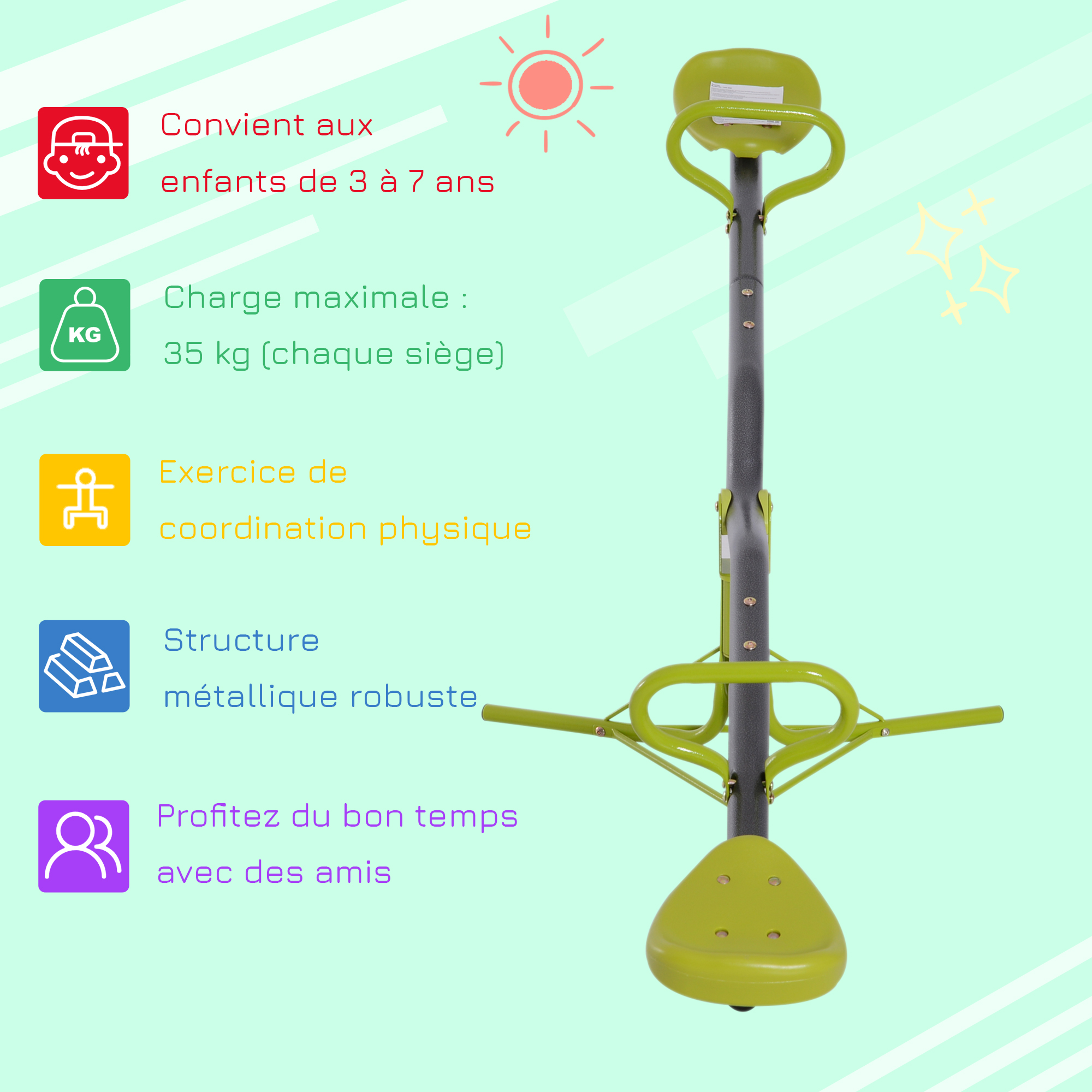 Balançoire Rotative 360° 4 Places – Acier Anti-Corrosion – Sièges HDPE – Capacité 200 Kg – Dès 3 Ans – Jardin Et Cour