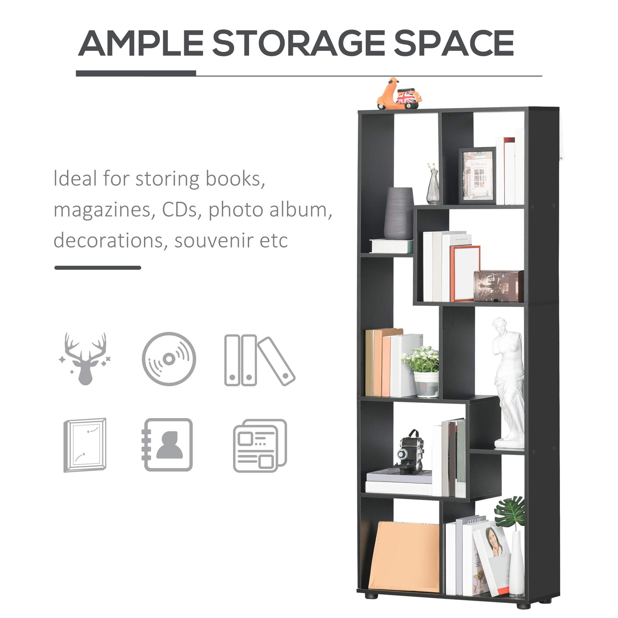 HOMCOM 8-Tier Freestanding Bookcase w/ Melamine Surface Anti-Tipping Foot Pads Home Display Storage Grid Stand Bedroom Living Room Furniture Modern Style Black 4