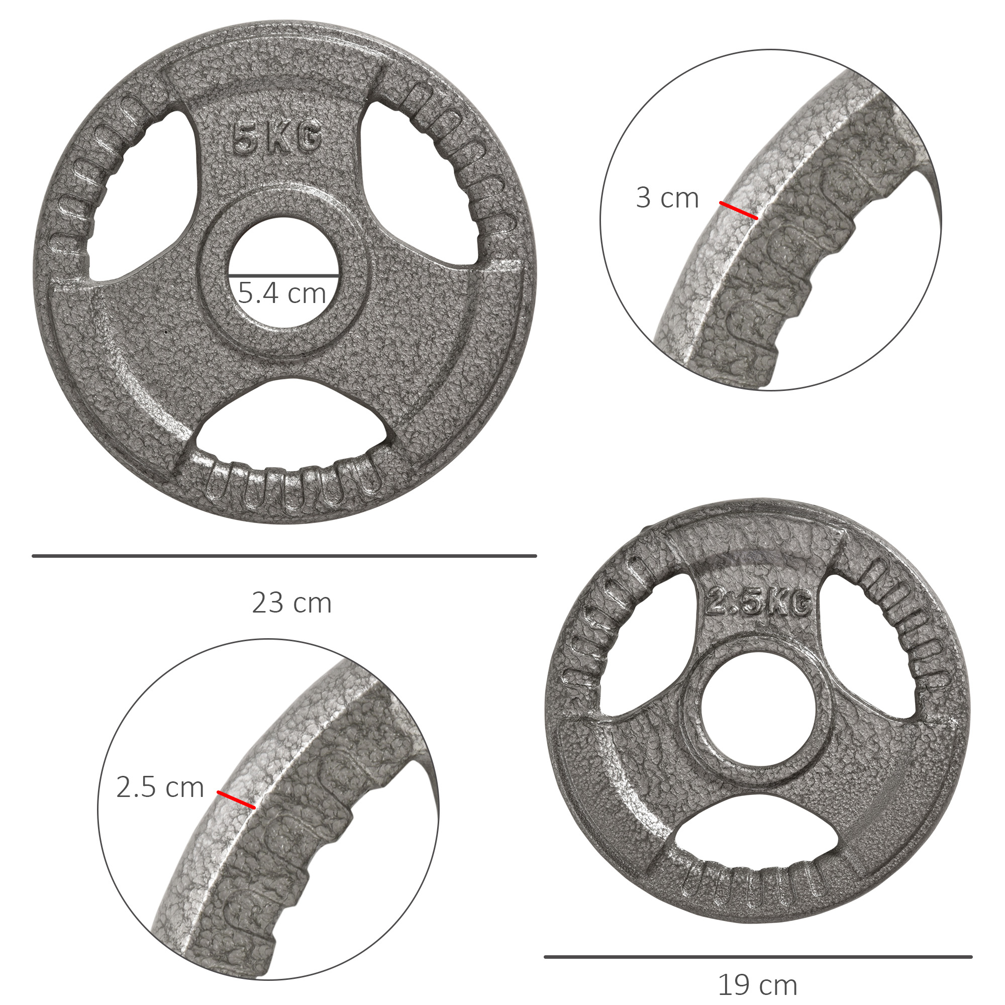 HOMCOM Set of 4 Weight Plate for 2 inch/5cm hole Dumbbell Handle Bar 15kg Dumbbell Plates Barbell Weight 2 x 5kg, 2 x 2.5kg 3