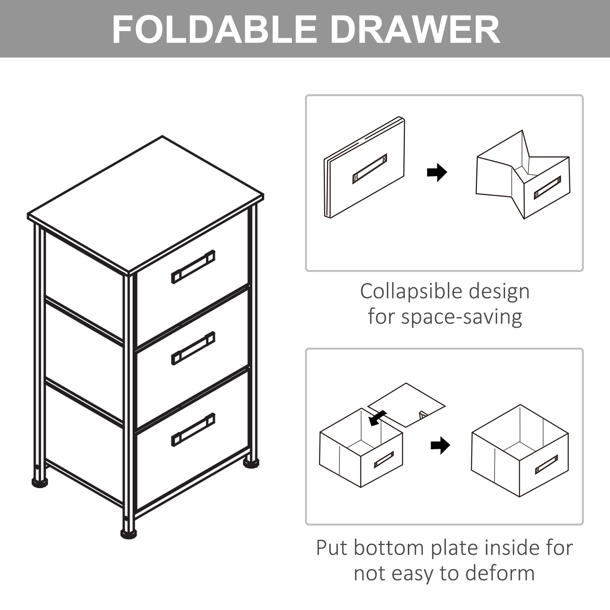 HOMCOM Vertical 3-Tier Linen Drawer Cabinet Organizer Storage Dresser Tower with Metal Frame Adjustable Feet for Living Room, Bathroom, Kitchen, White, Oak and Light Grey 7