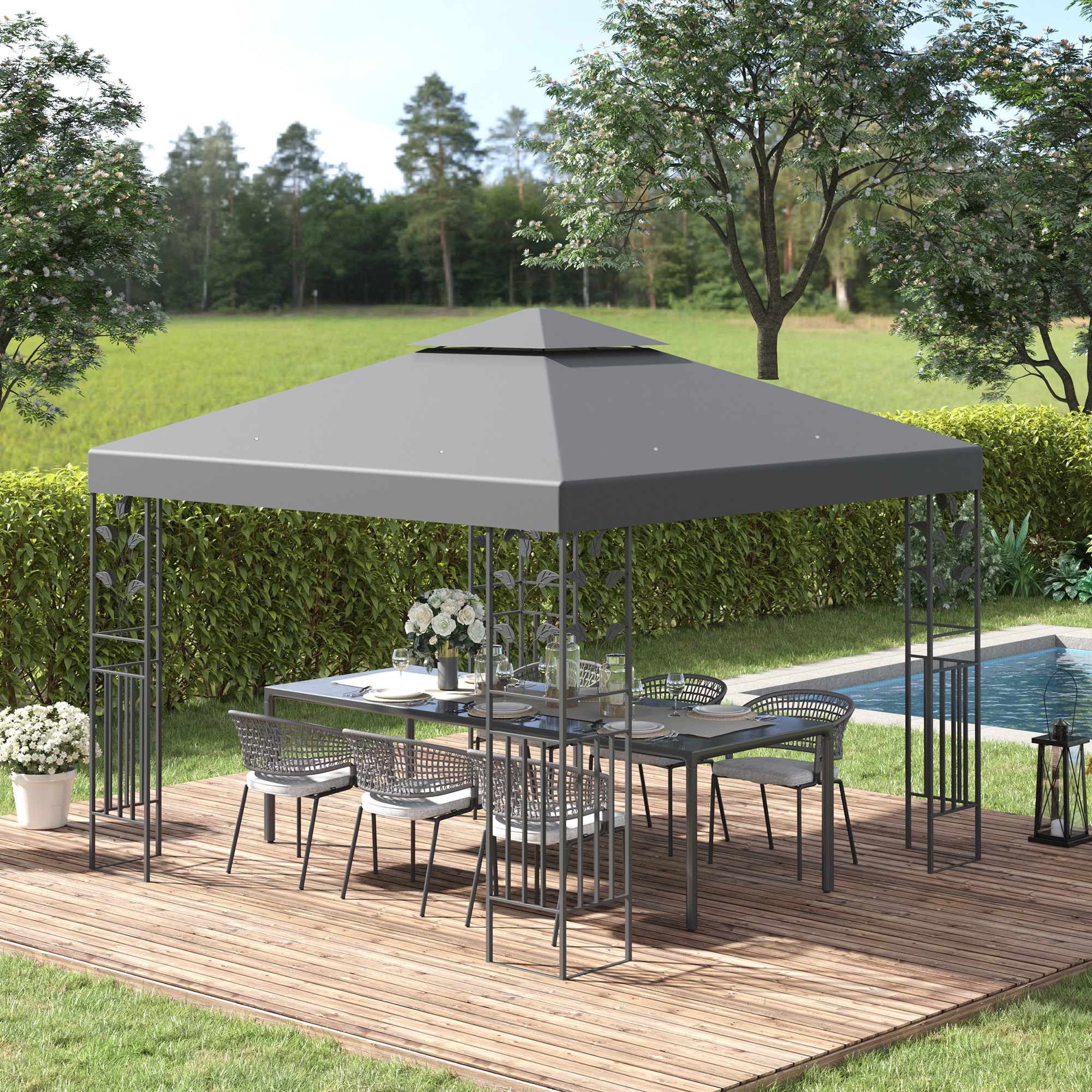Outsunny 3 x 3m Outdoor Steel Gazebo with 2 Tier Roof, Garden Gazebo Patio Canopy Marquee Shelter with Decorative Steel Frame Grey 2