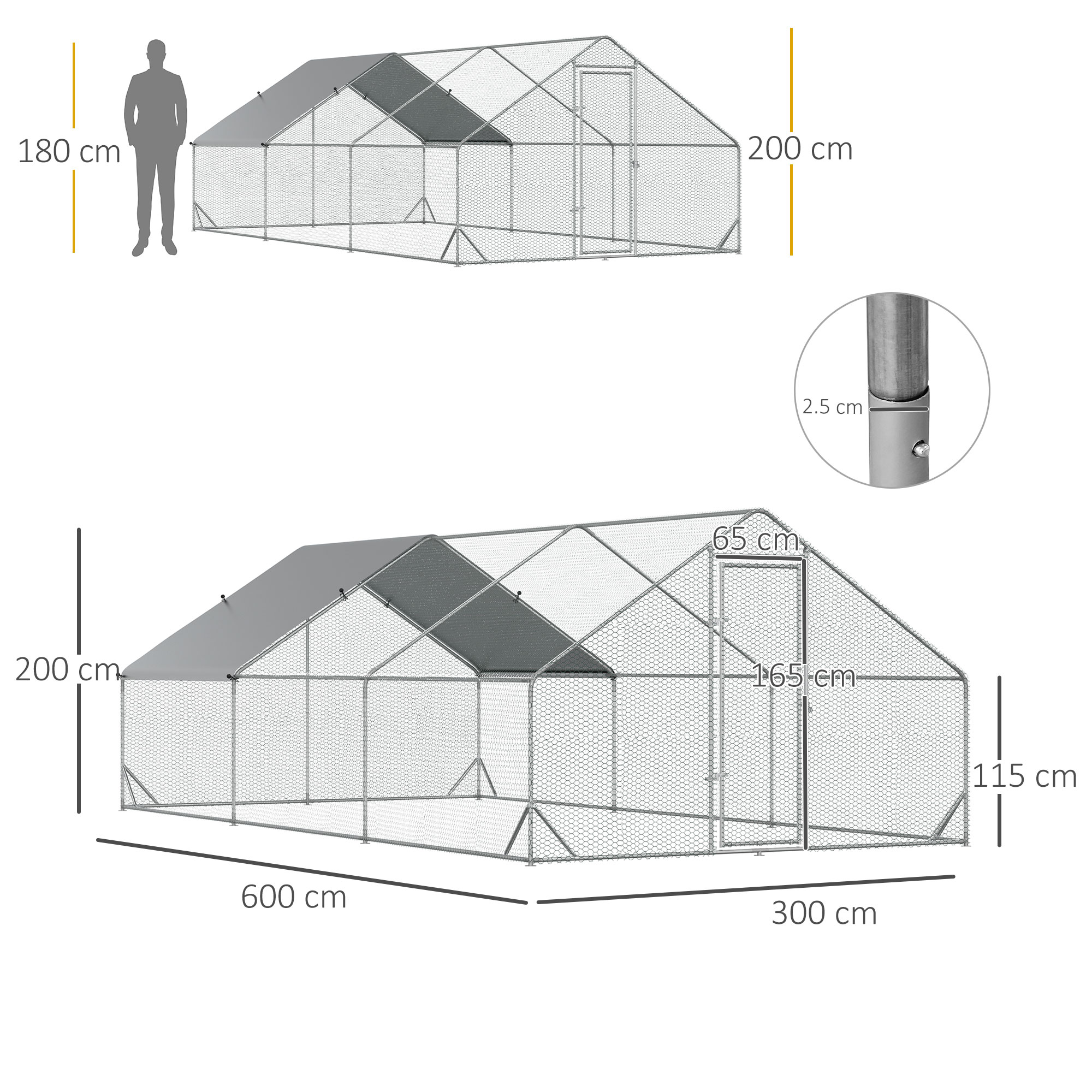 PawHut Large Hen Coop, Galvanised Walk In Chicken Run with Cover, 6 x 3 x 2m, Silver 3