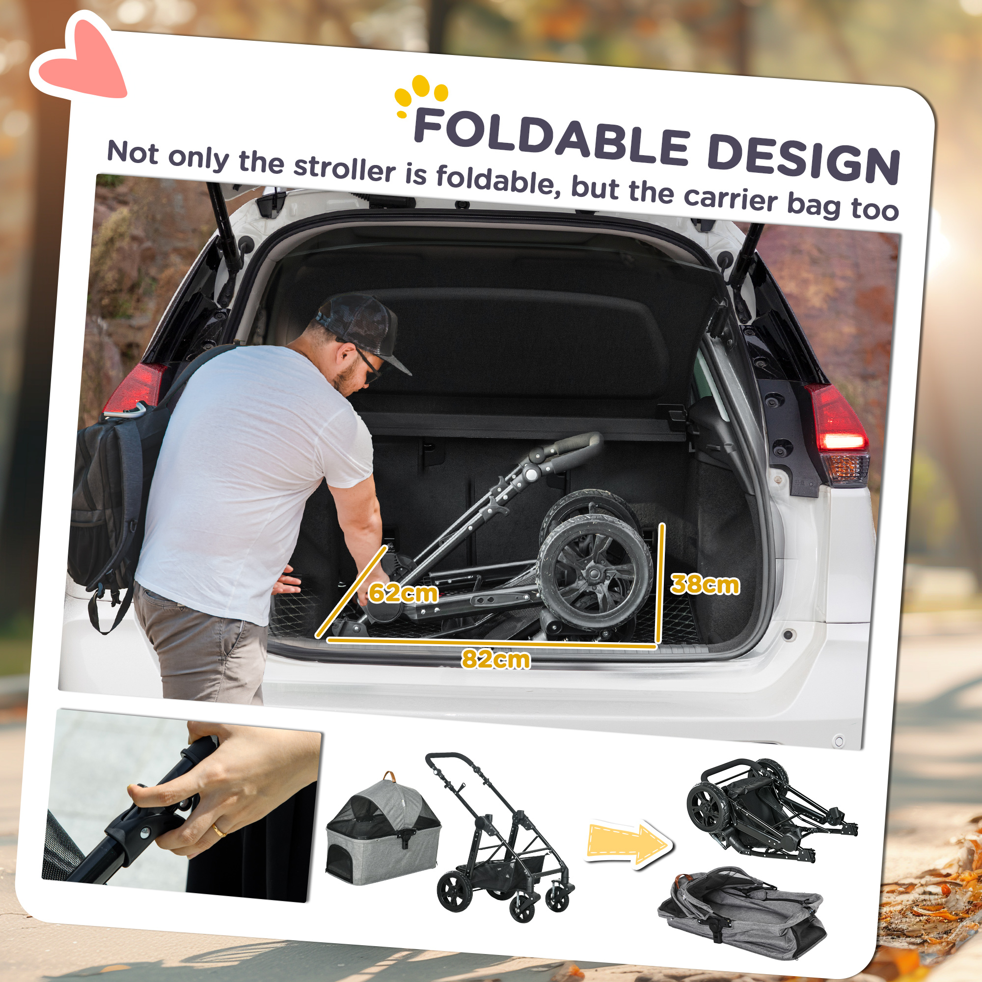 PawHut Dog Pram Pet Stroller for Small Dogs Cats, Foldable Dog Pushchair Trolley with Detachable Pet Carrier Bag, Shock Absorber, Adjustable Handlebar, Grey 6