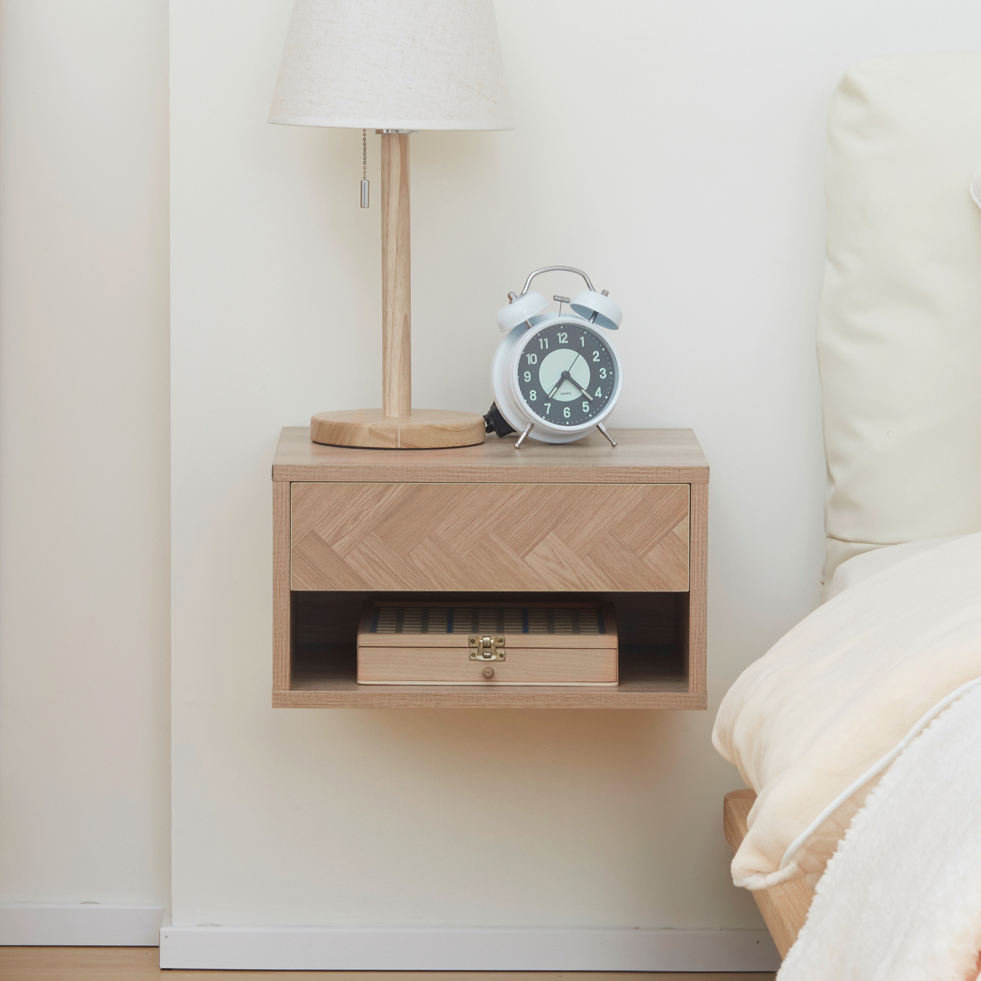 HOMCOM 2 Pieces Bedside Table Wall Mounted Nightstand with Drawer and Shelf for Bedroom, 37 x 32 x 21cm, Natural 8