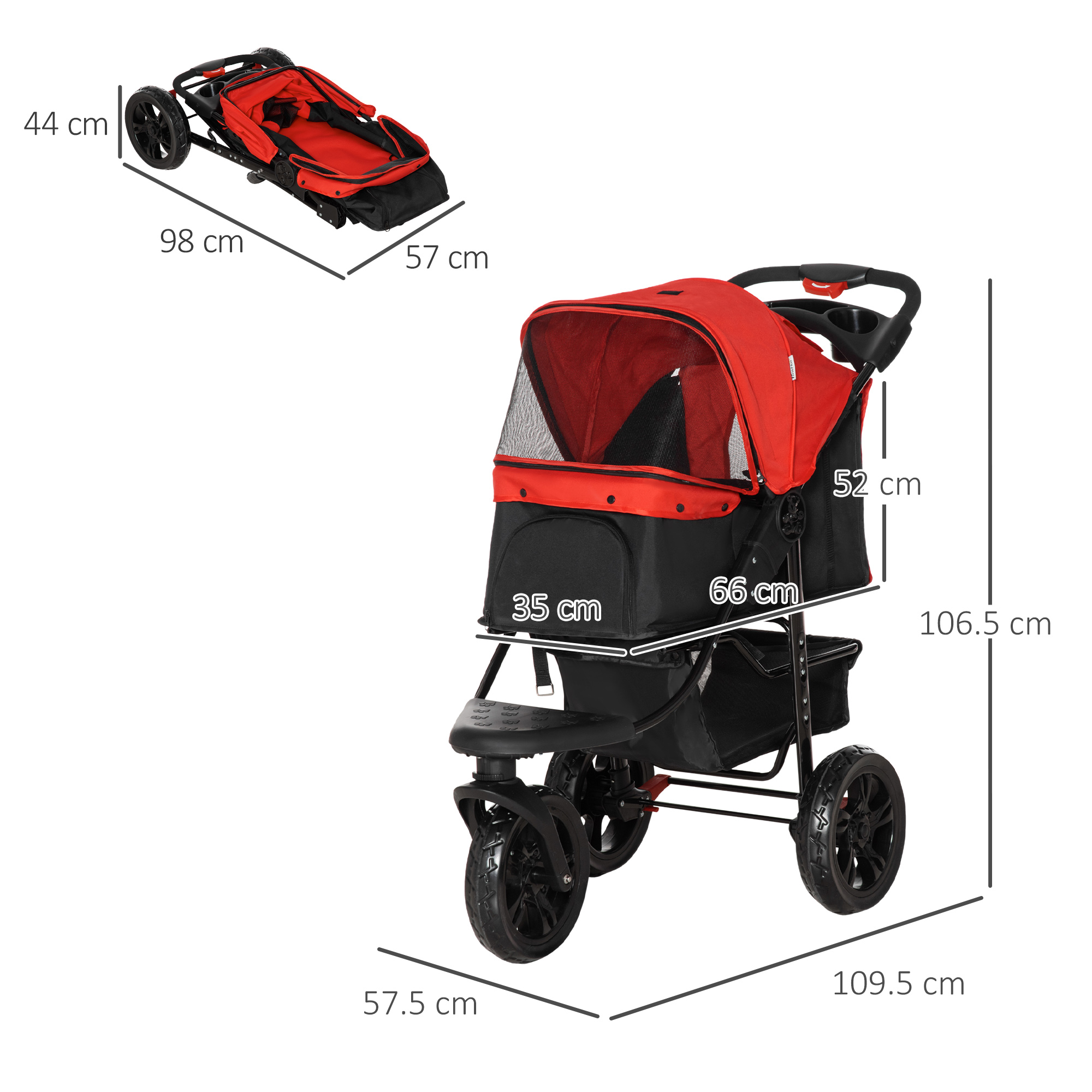PawHut Dog Stroller Foldable Pet Pram, 3 Wheels Dog Pushchair with Brake, for Small Miniature Breeds, Cats, Red 3