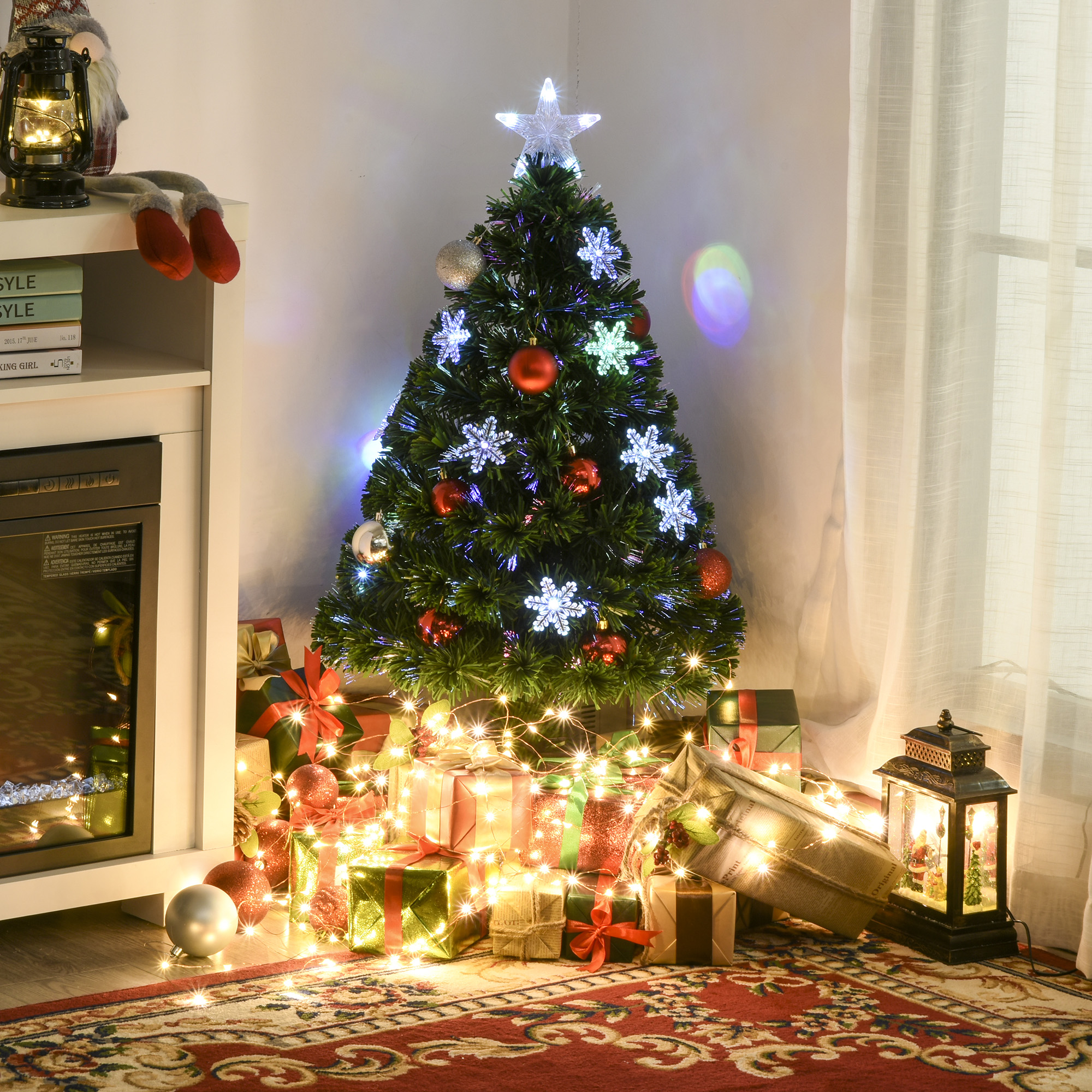 HOMCOM 3FT Green Fibre Optic Artificial Christmas Tree Xmas Colourful LED Scattered Tree with Snowflakes Ornaments Fireproofing 2