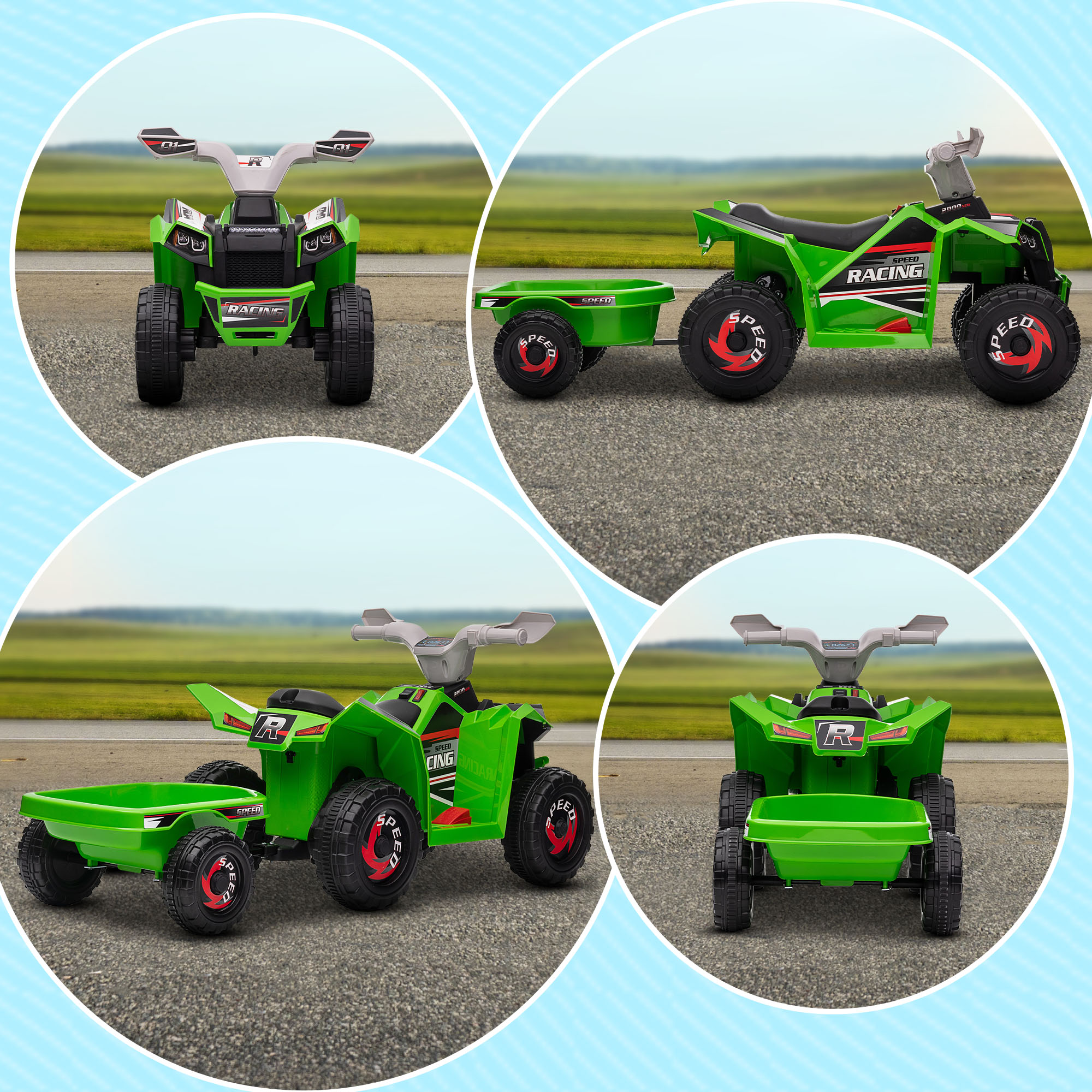 HOMCOM 6V Quad Bike with Back Trailer, Wear-Resistant Wheels, for Ages 18-36 Months, Green 8