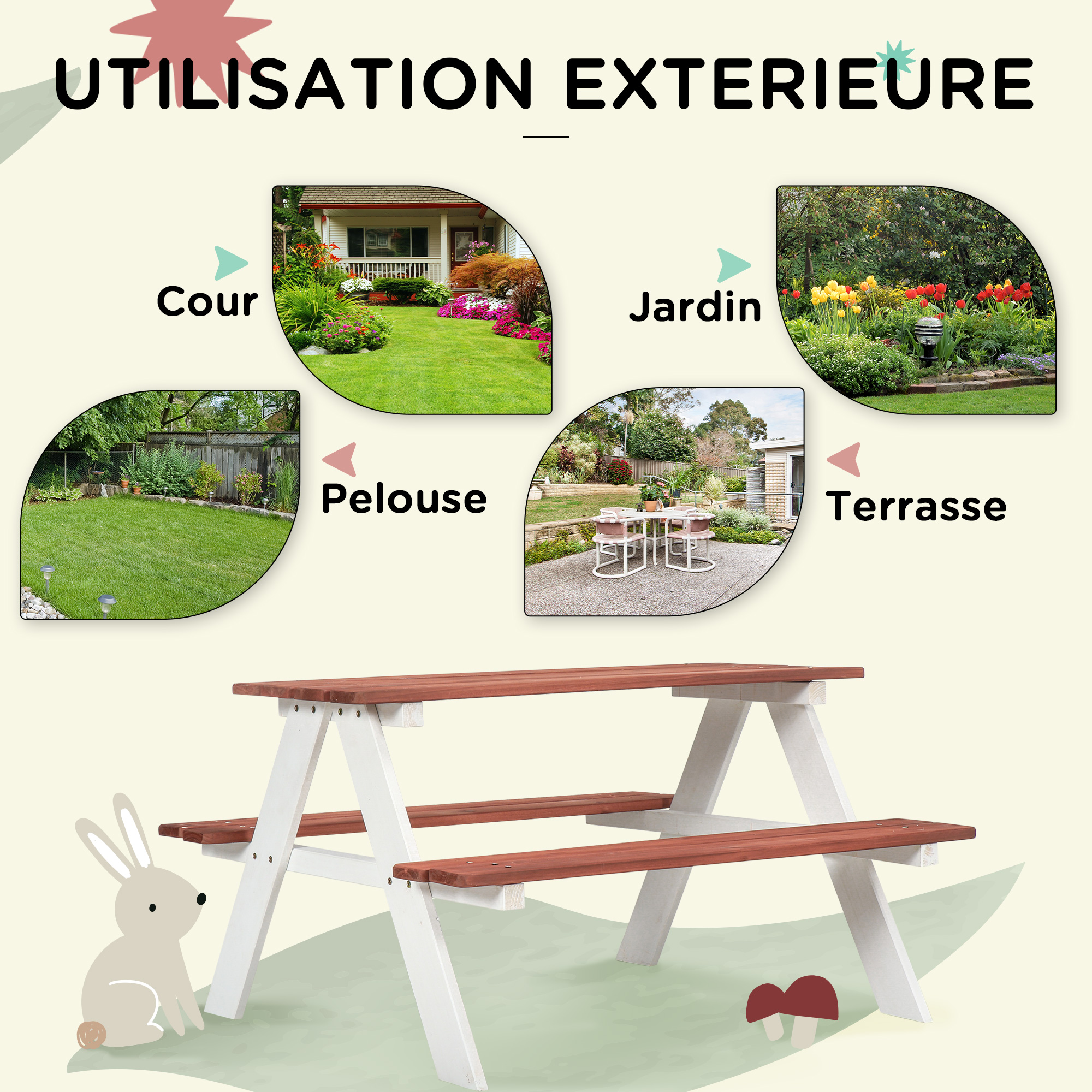 Table De Pique-Nique Enfants Outsunny Bois Massif Avec 2 Bancs - Meuble Jardin 4 Places 89x79x50 Cm Marron Blanc