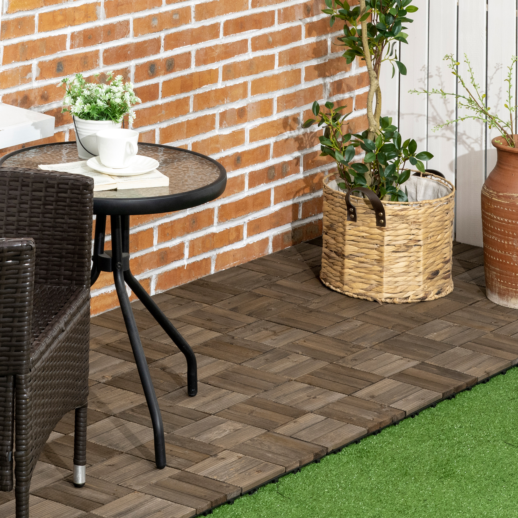 Outsunny 27 Pcs Wooden Interlocking Decking Tiles, Outdoor Flooring Tiles for Patio, Balcony, Terrace, Hot Tub, 30 x 30 cm per Piece, 2.5㎡ per Pack, Charcoal Grey 2