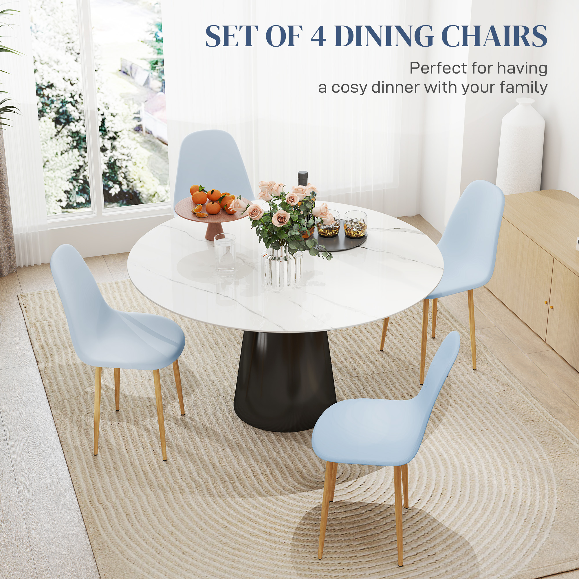 HOMCOM Modern Dining Chairs Set of 4, Kitchen Chairs with Backrest and Steel Legs for Dining Room, Living Room, Light Blue 4