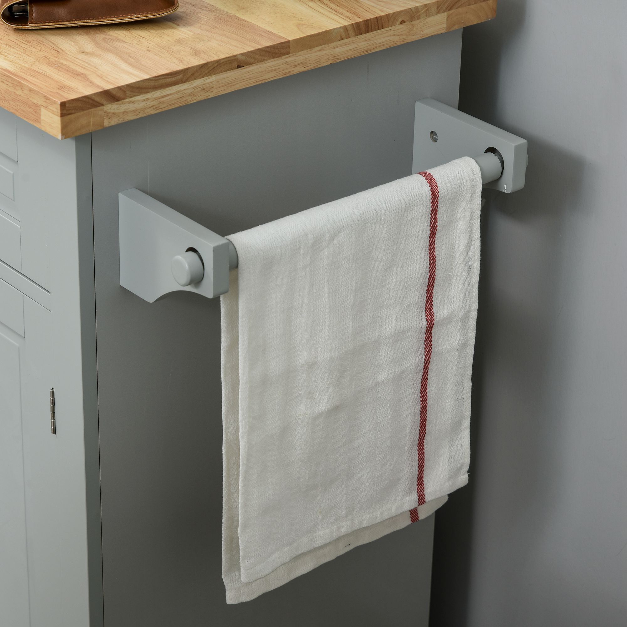 HOMCOM Rolling Kitchen Island Storage Trolley with Rubber Wood Top & Drawers for Dining Room, Grey 9
