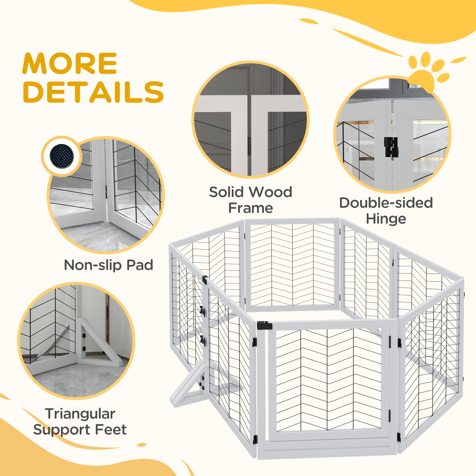 PawHut 8 Panels Foldable Pet Gate with Support Feet, for House, Doorway, Stairs, Small and Medium Dogs White 7