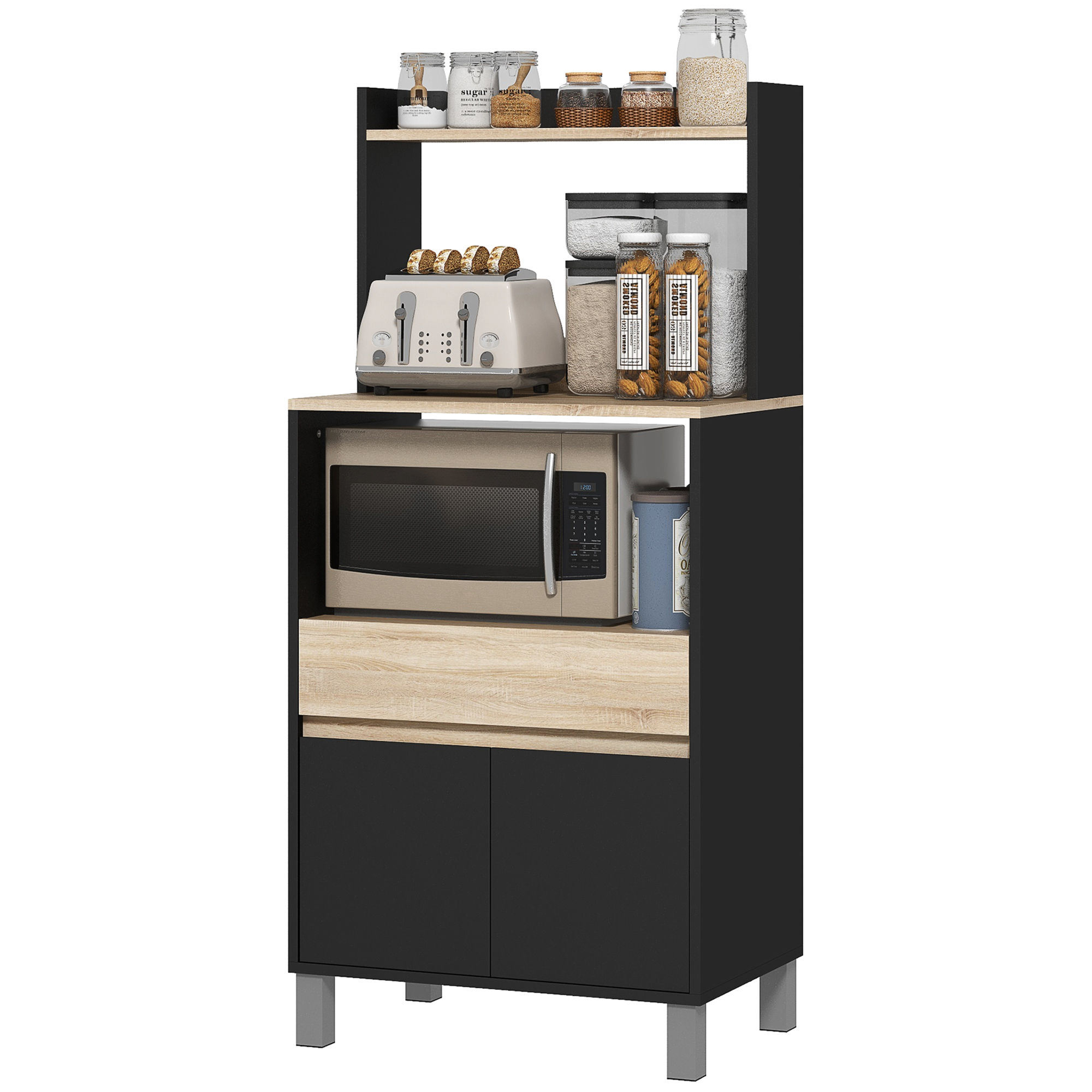 HOMCOM Meuble desserte de cuisine pour micro-ondes avec placard tiroir étagère supérieur 60 x 40 x 131 cm naturel et noir