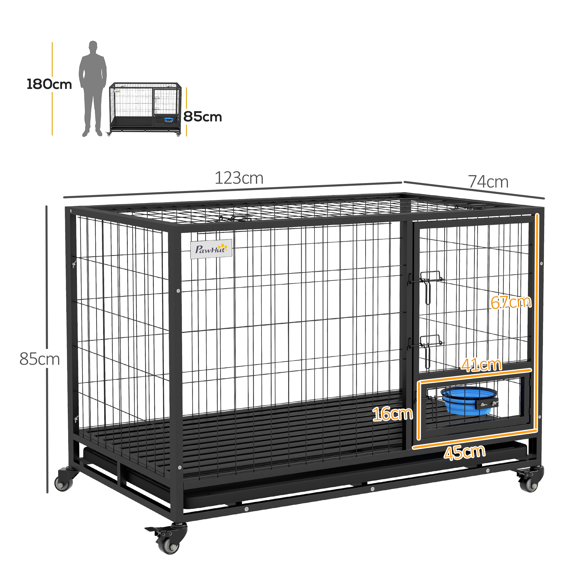 PawHut Heavy Duty Dog Crate on Wheels w/ Bowl Holder, Removable Tray, Openable Top, Detachable Door, for L, XL Dogs 3